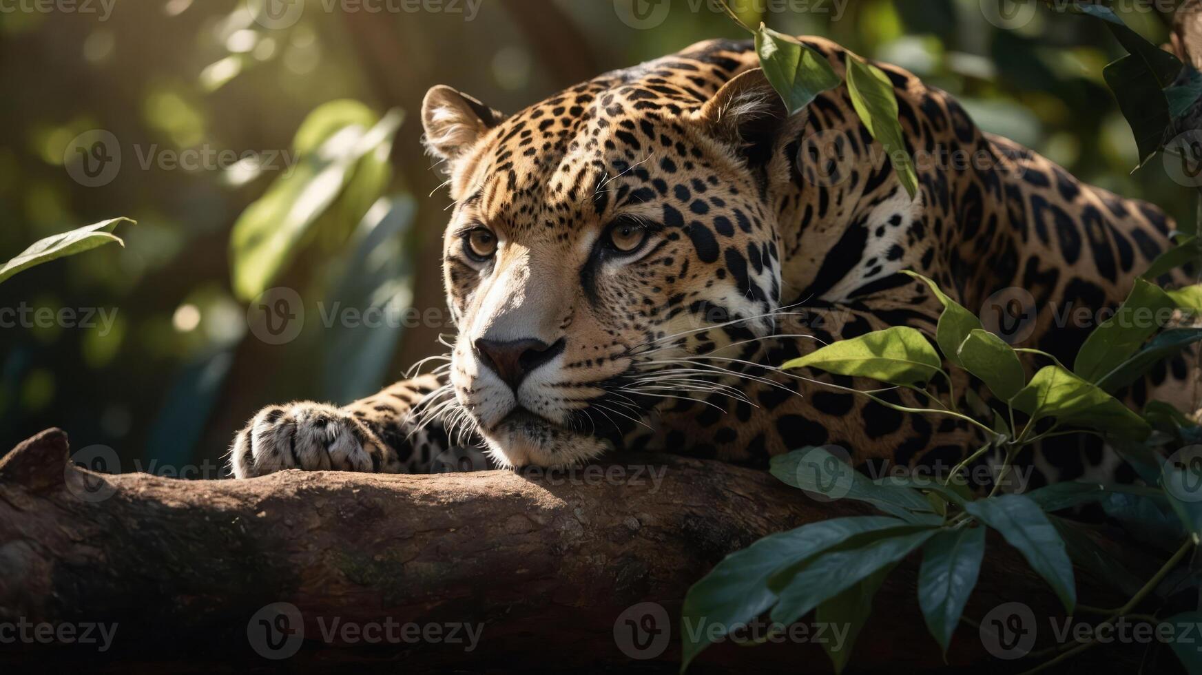 A jaguar rests on a branch surrounded by lush green foliage. photo