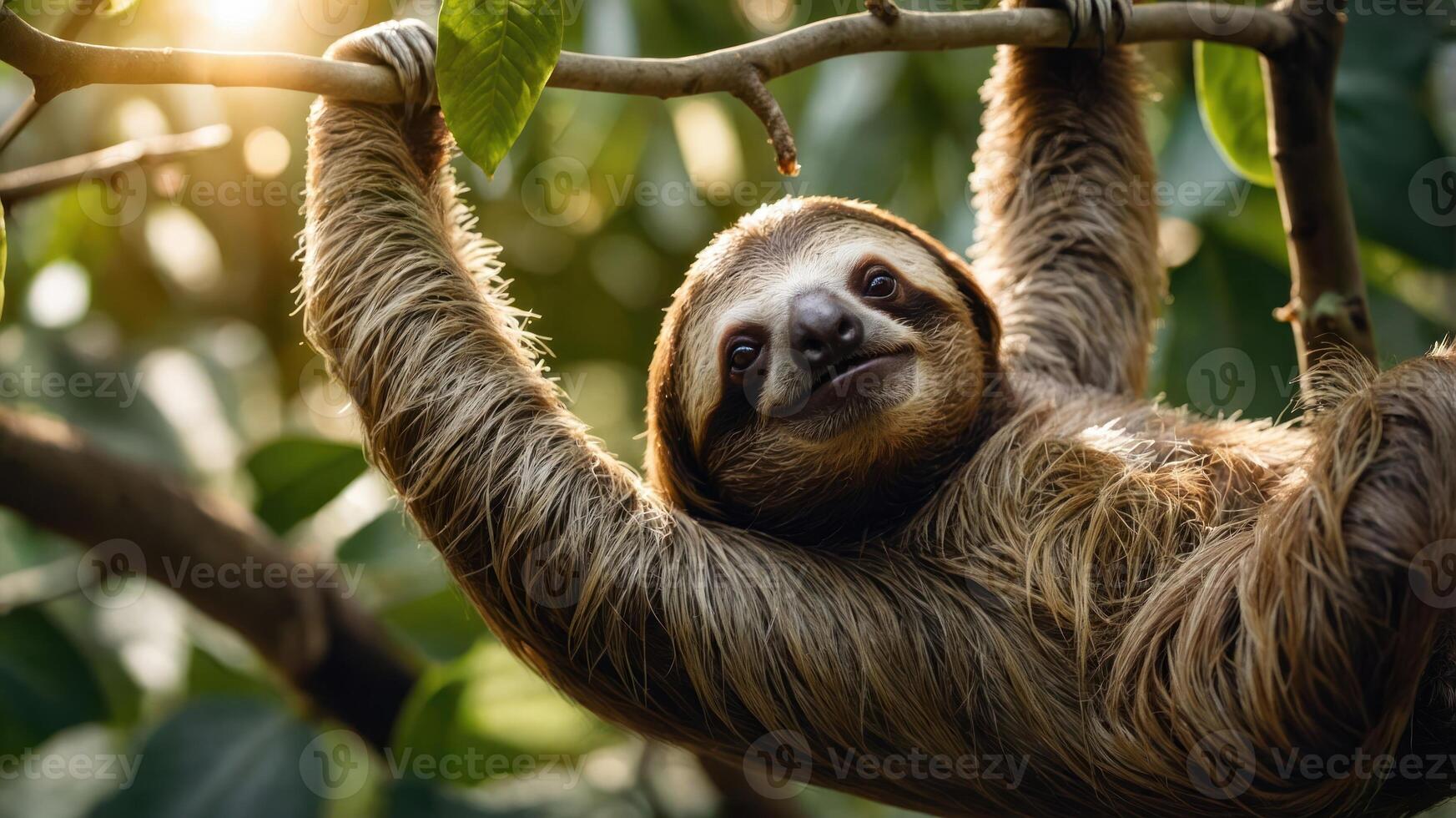 A sloth hanging from a branch amidst lush green foliage, showcasing its relaxed demeanor. photo
