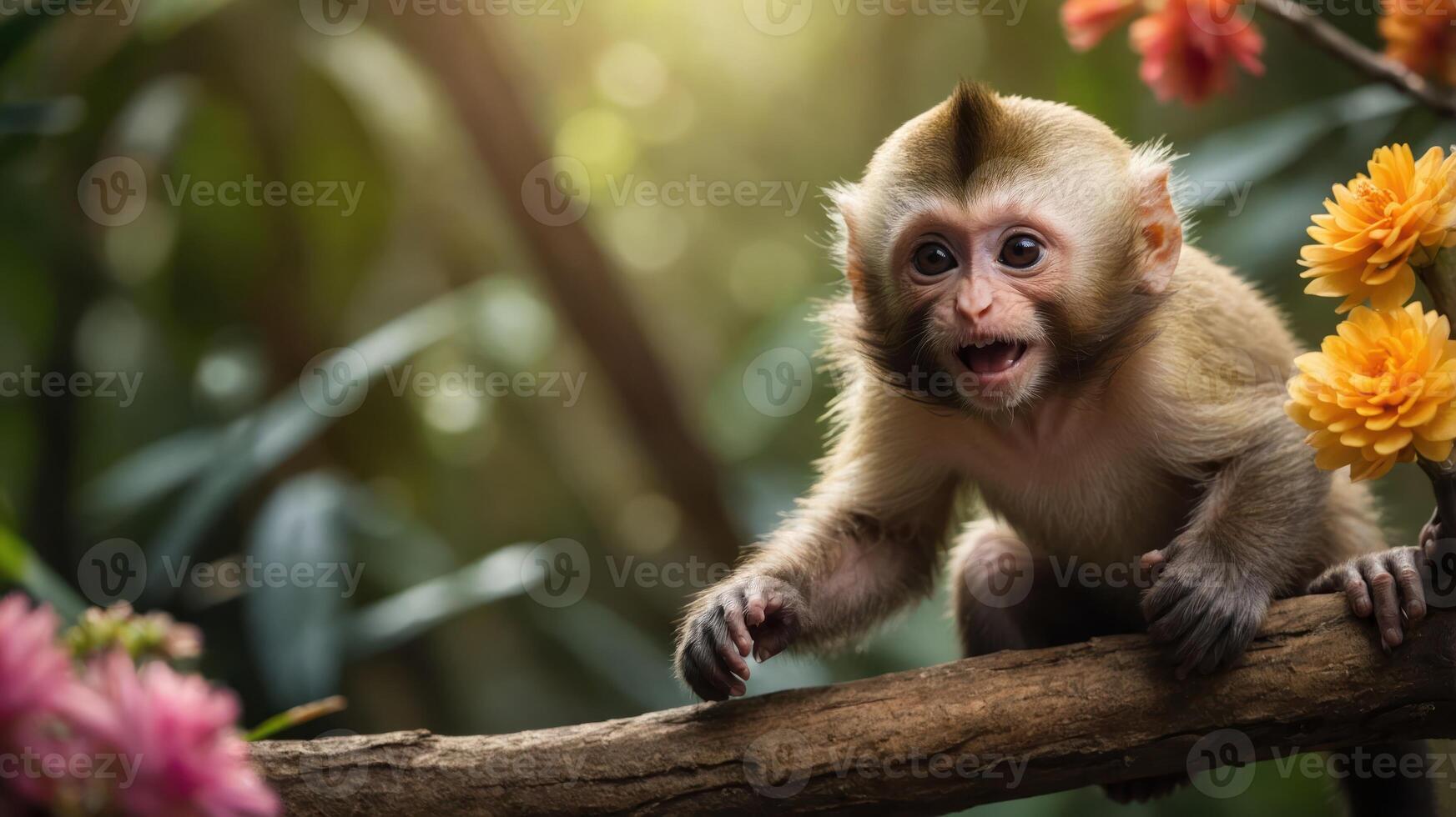 A playful young monkey sitting on a branch amidst colorful flowers in a lush environment. photo
