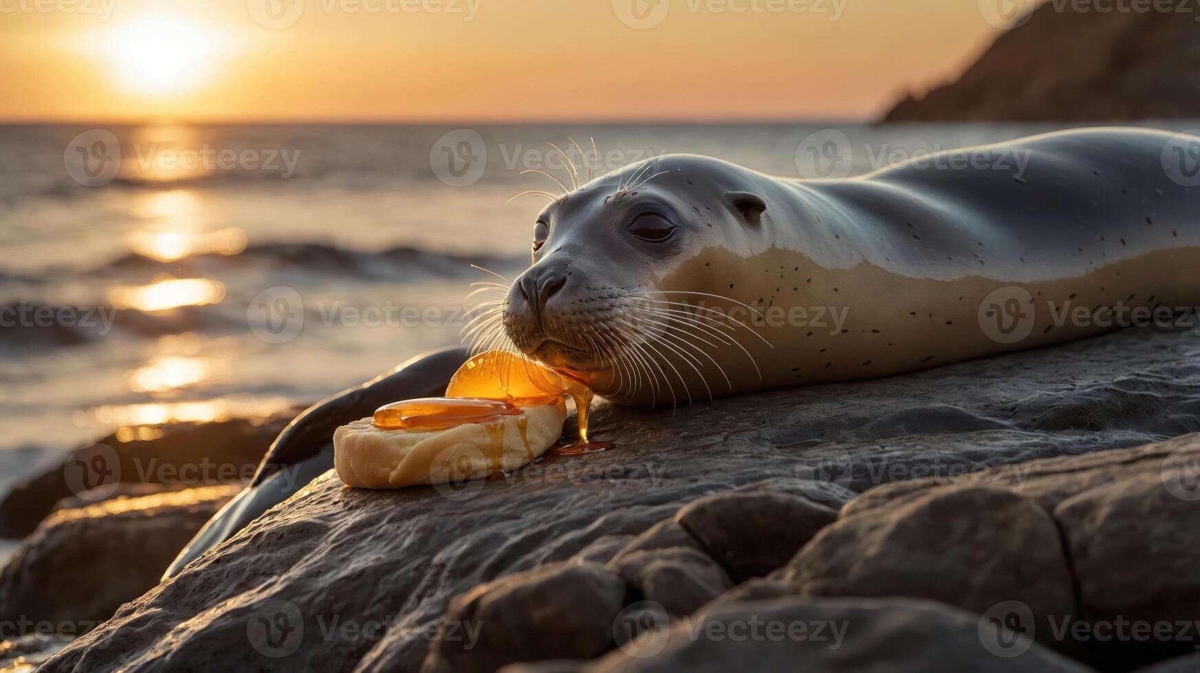 A seal rests on a rock at sunset, enjoying a slice of bread with jelly beside it. photo