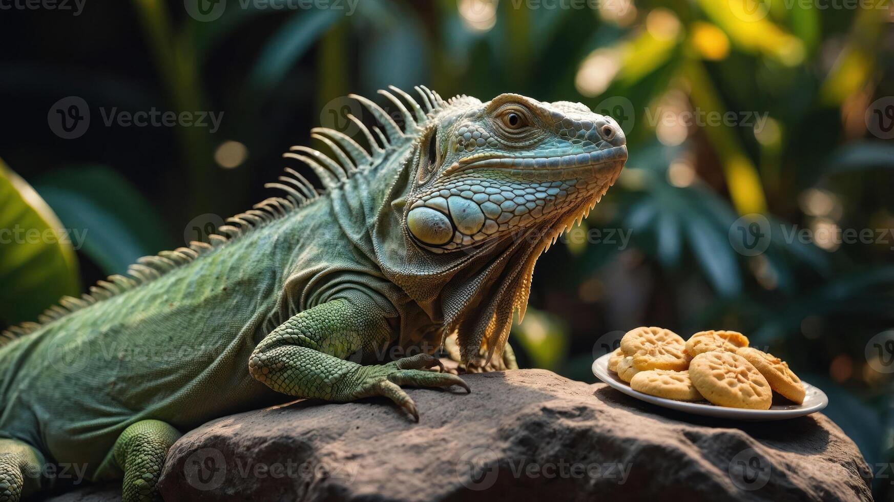 A green iguana rests on a rock beside a plate of cookies in a lush environment. photo