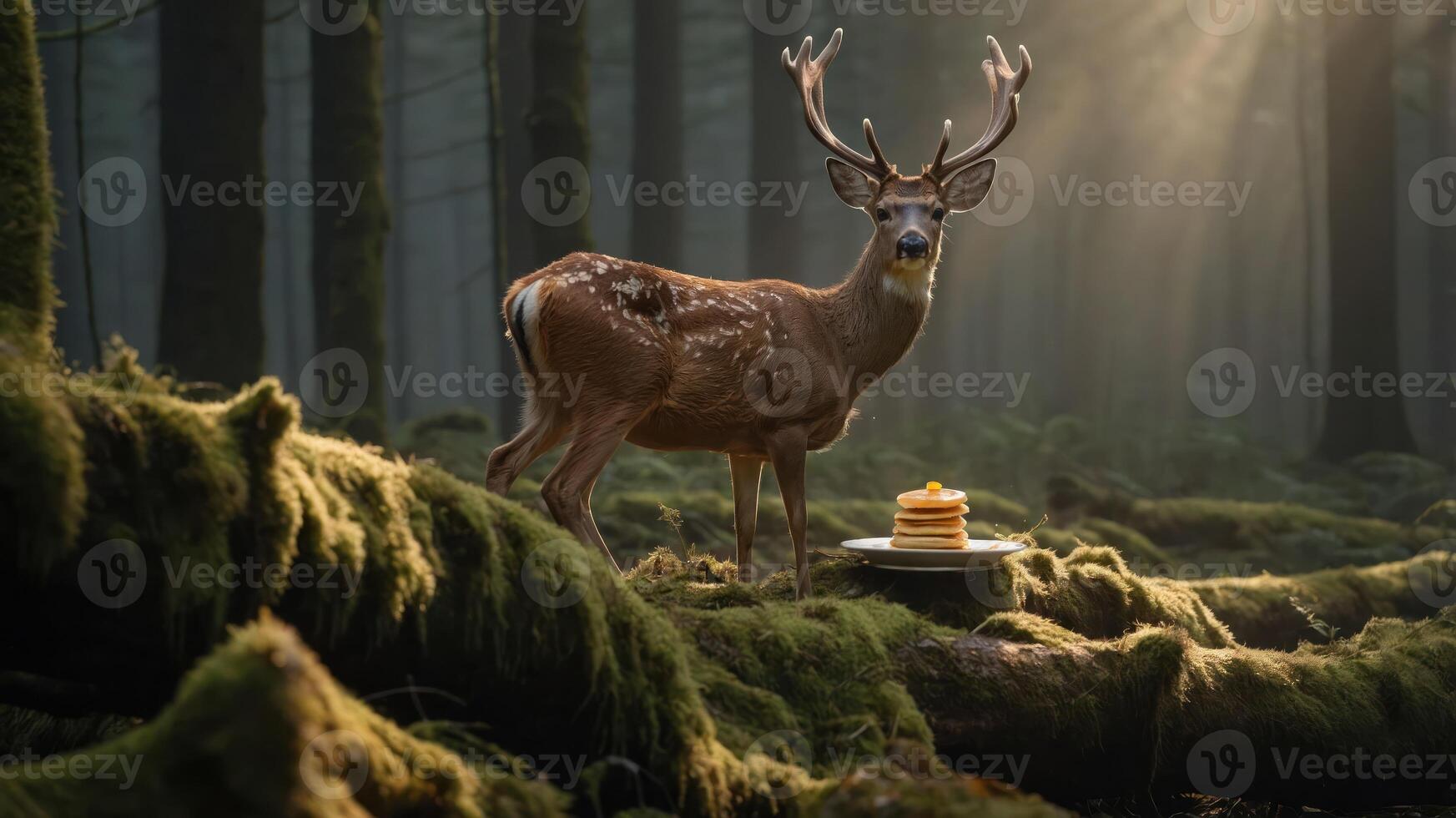 A deer stands in a misty forest beside a plate of pancakes, creating a whimsical scene. photo