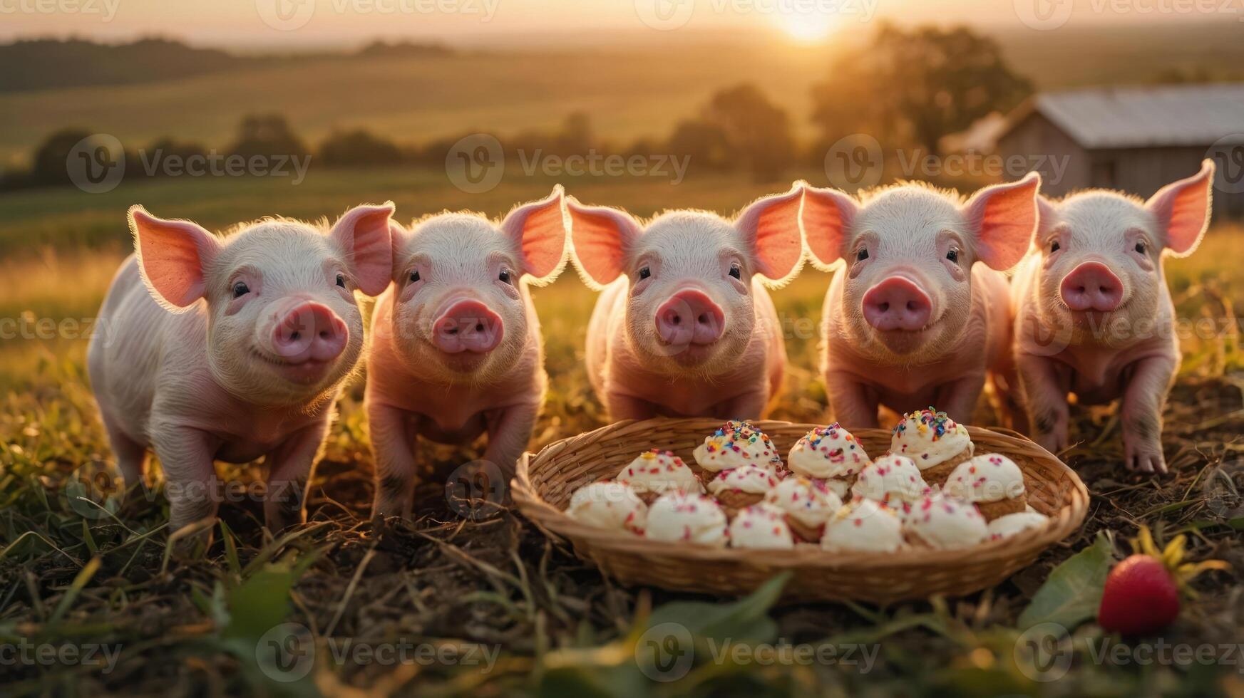 Five piglets gathered around a basket of colorful cupcakes in a sunny field. photo