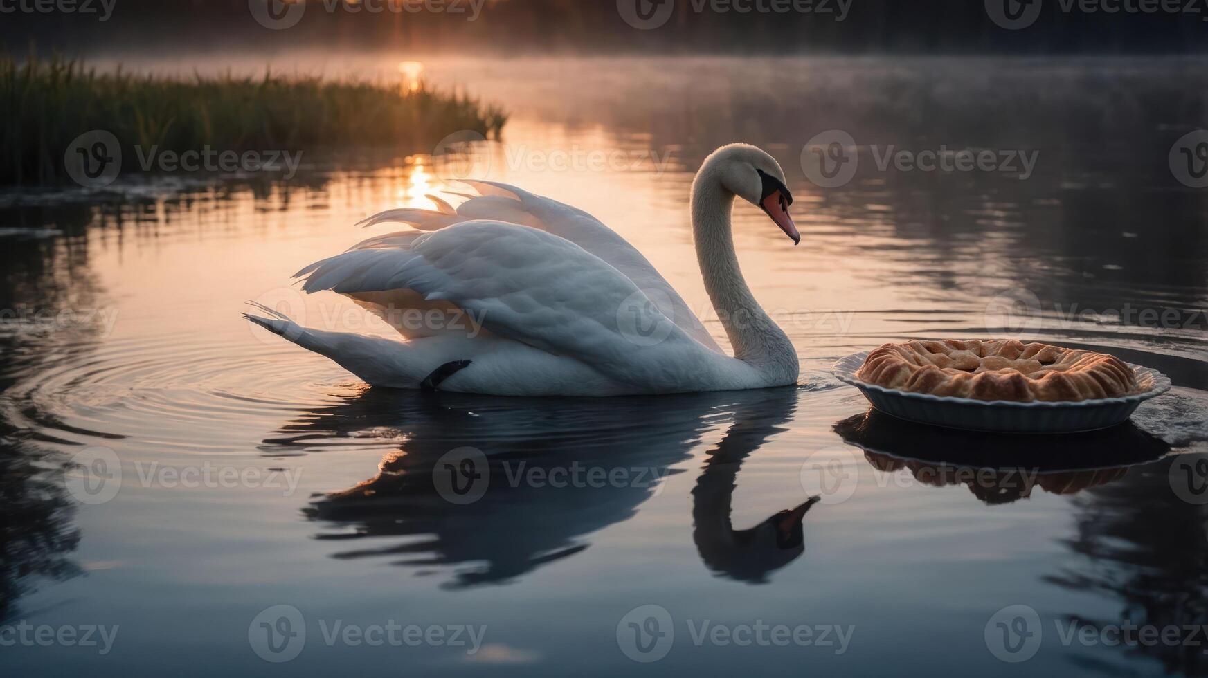 A serene scene of a swan gliding on water beside a plate of pastries at sunrise. photo