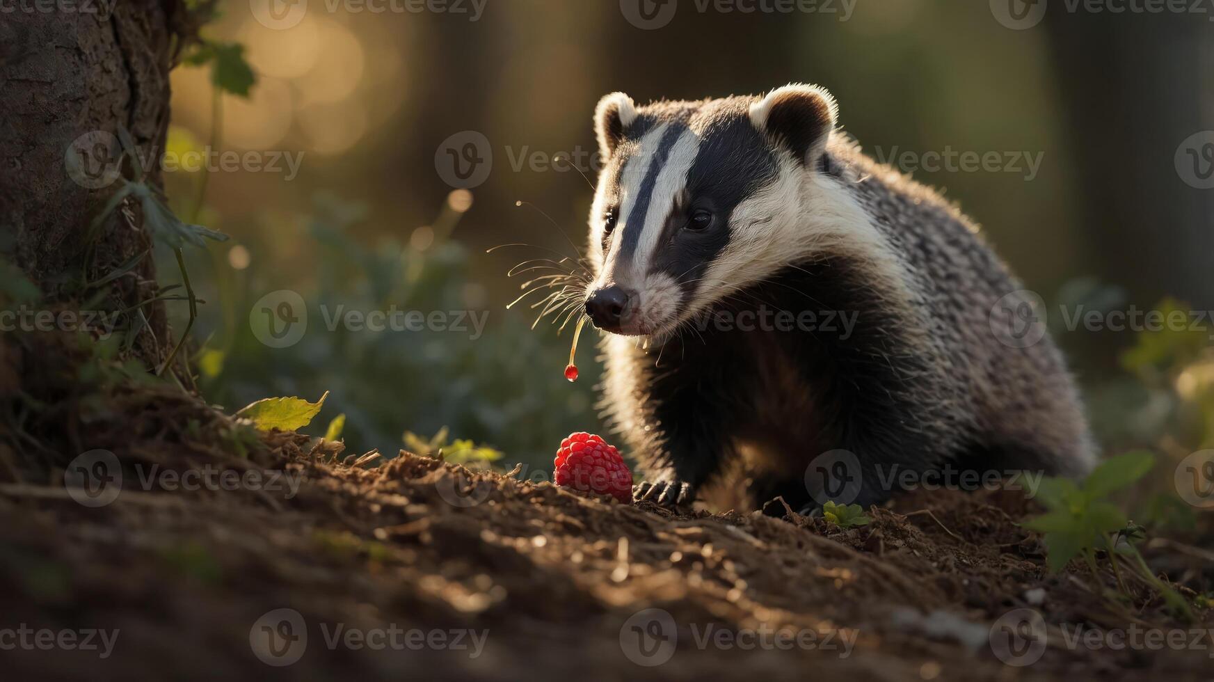 A badger foraging for a raspberry in a serene forest setting. photo