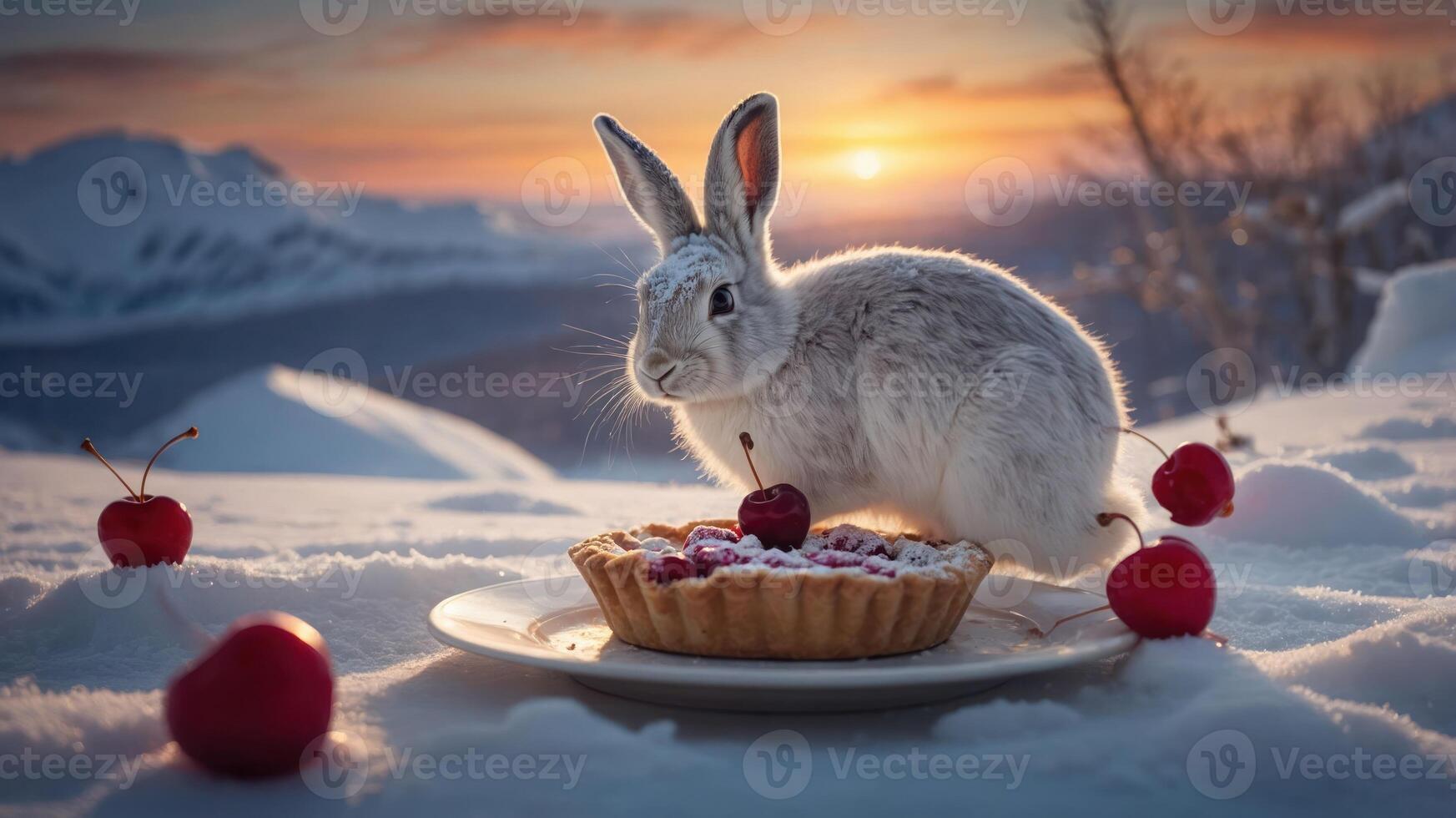 A rabbit beside a cherry pie in a snowy landscape at sunset. photo