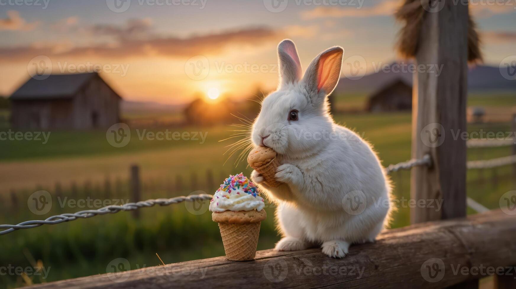 A cute rabbit enjoying an ice cream cone at sunset in a serene rural setting. photo