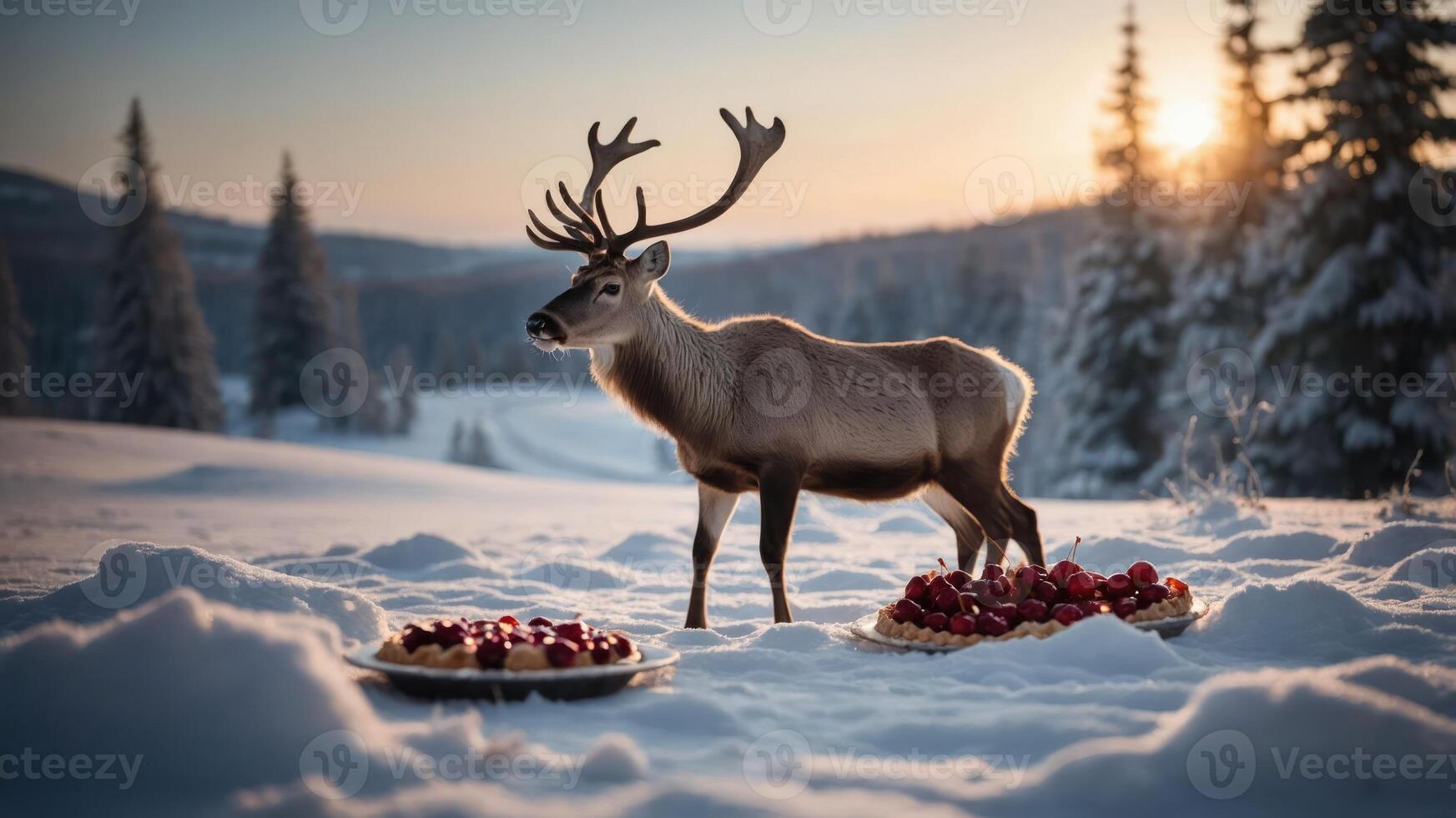 A reindeer stands in a snowy landscape beside platters of strawberries at sunset. photo