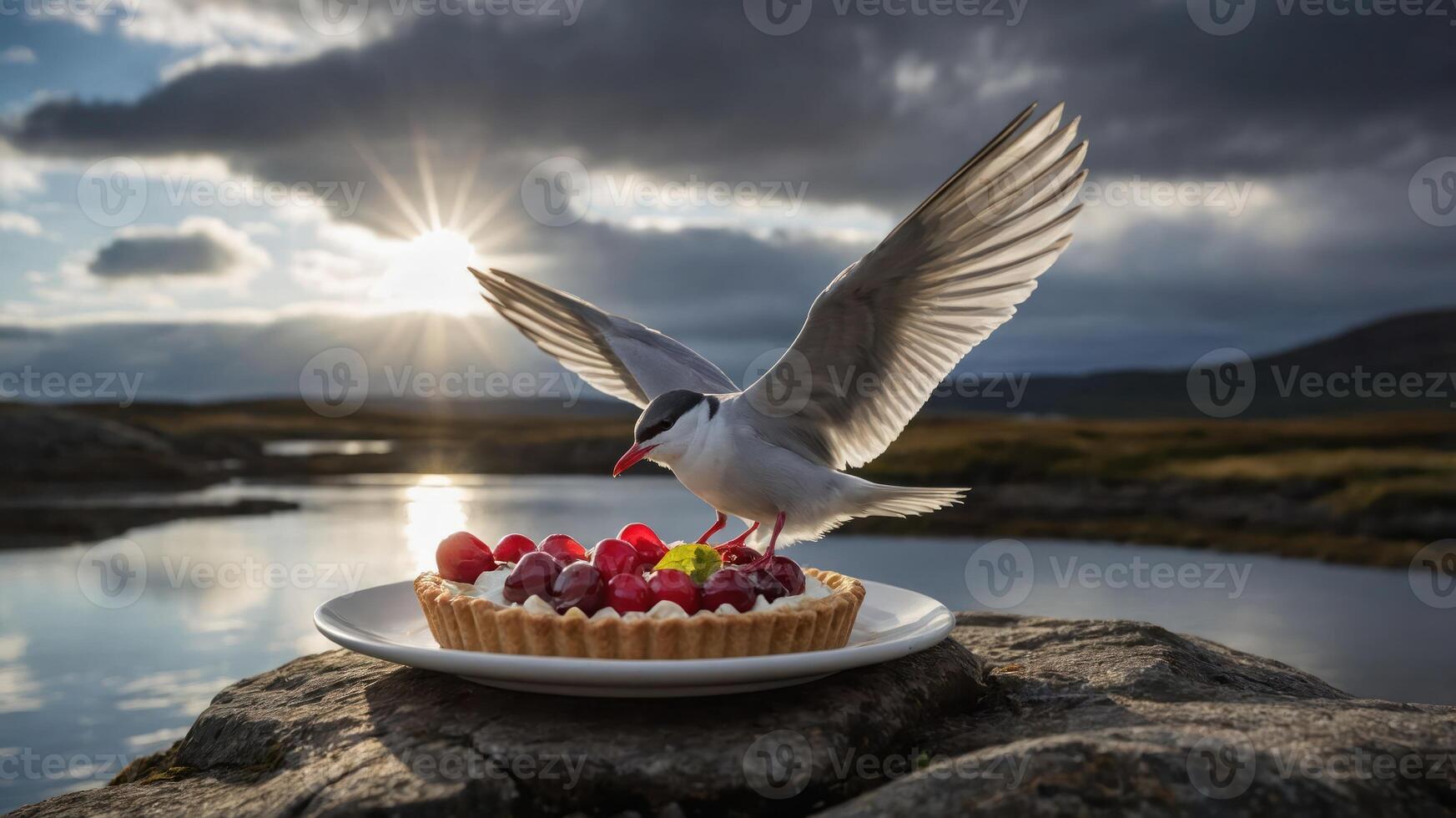 A bird lands on a fruit tart near a serene landscape as the sun sets. photo