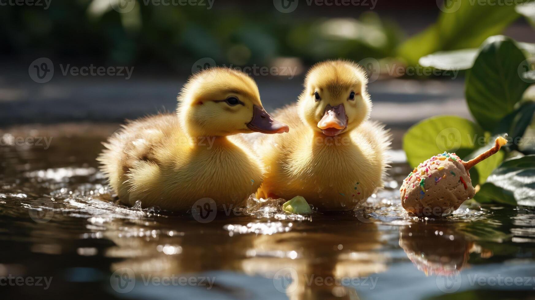 Two fluffy ducklings swimming in a pond with greenery and a colorful object nearby. photo