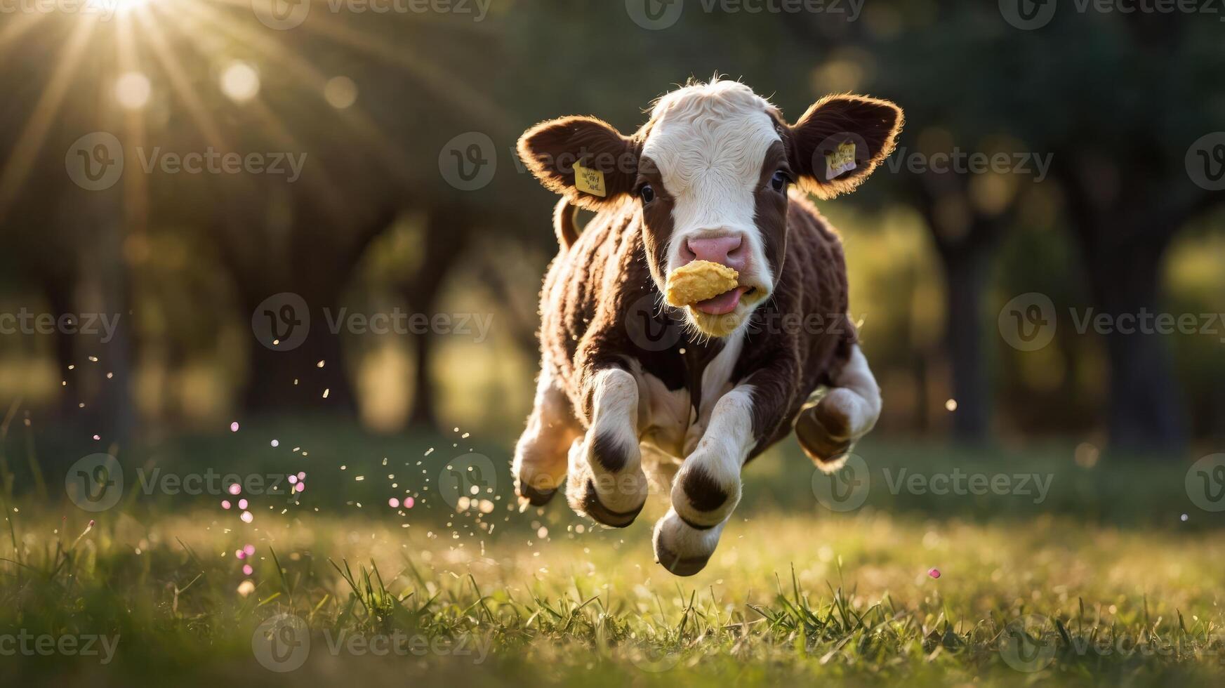 A playful calf jumps joyfully in a sunlit field, capturing a moment of innocence and freedom. photo
