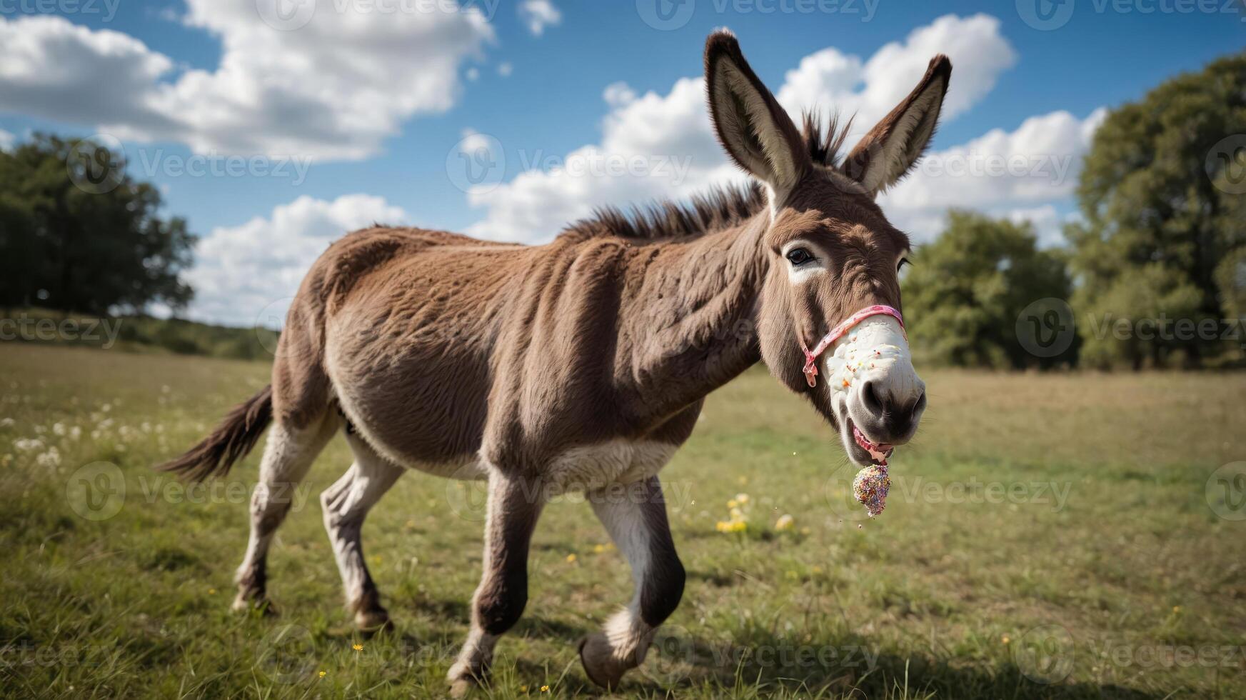 A donkey walking in a grassy field under a blue sky with fluffy clouds. photo