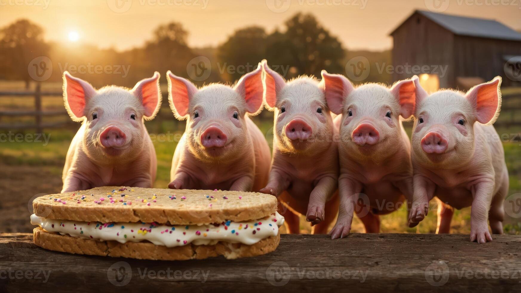 Five playful piglets curiously eye a large ice cream sandwich in a picturesque farm setting. photo