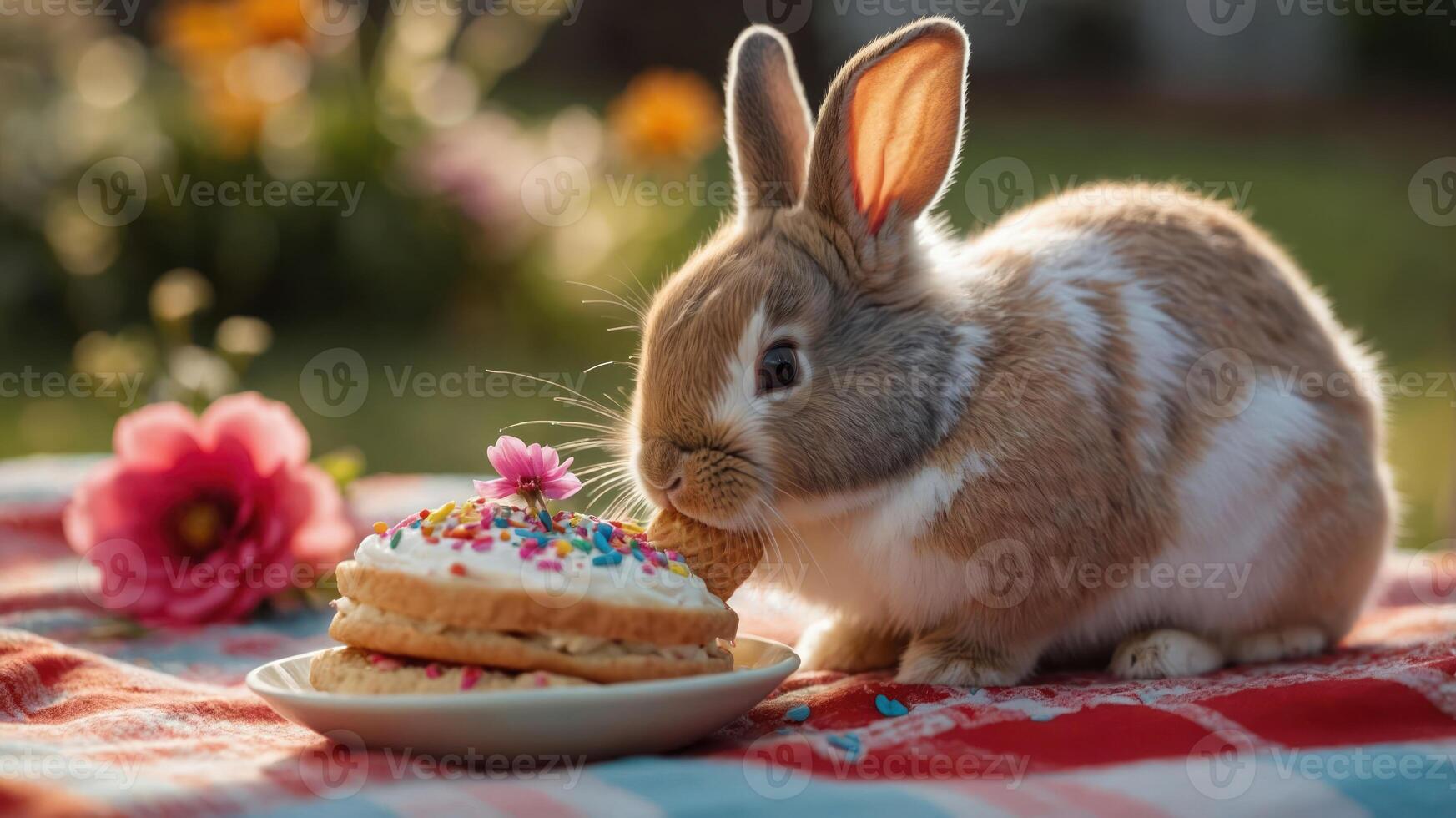 A cute rabbit enjoying a cookie with sprinkles on a picnic setting. photo