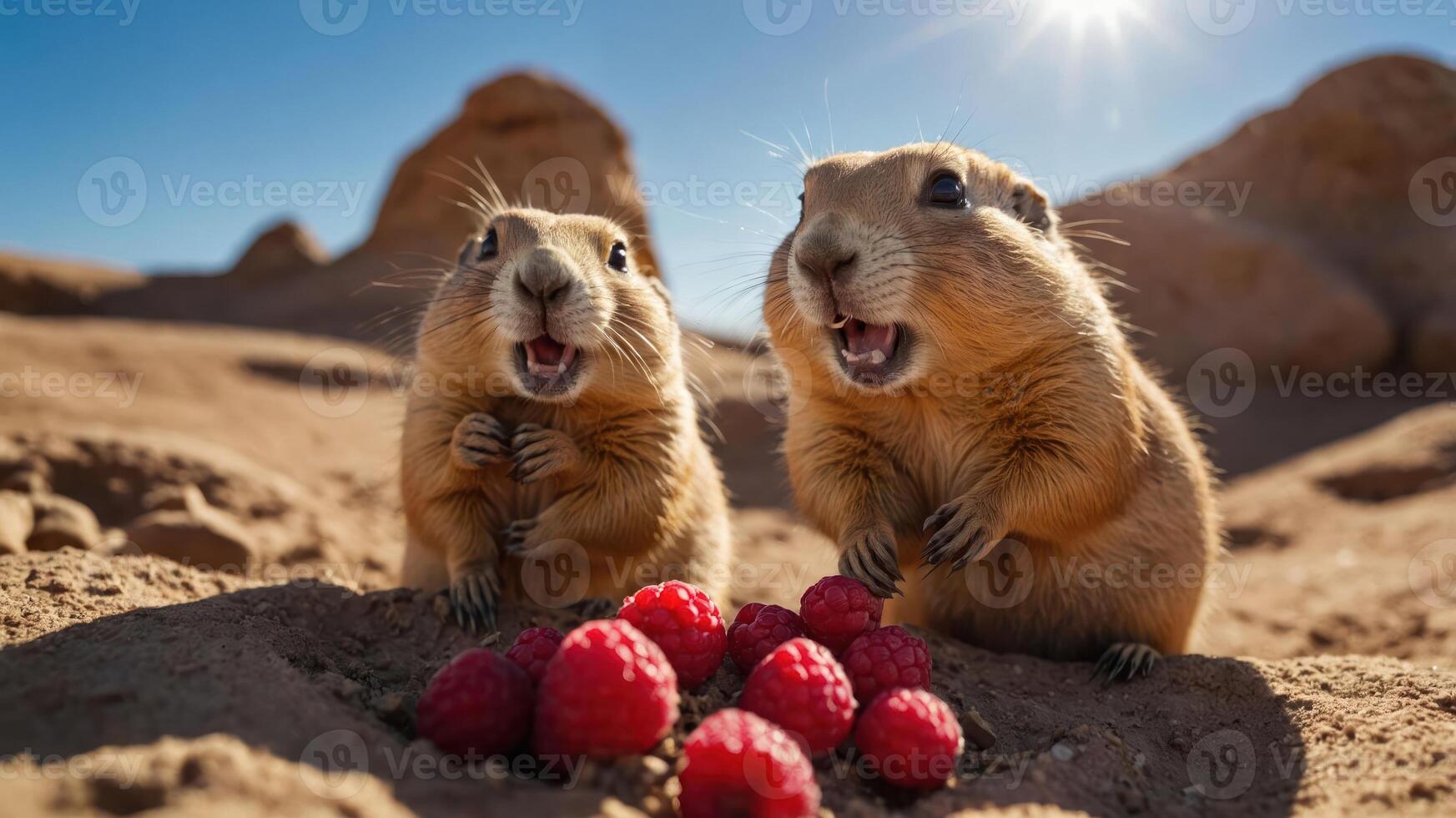 Two playful prairie dogs enjoying raspberries in a sandy landscape. photo