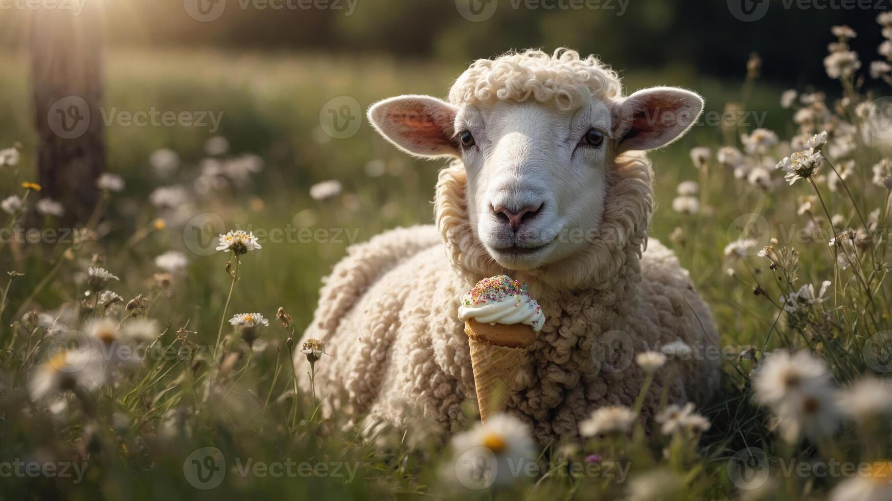 A sheep sitting in a field, playfully holding an ice cream cone. photo