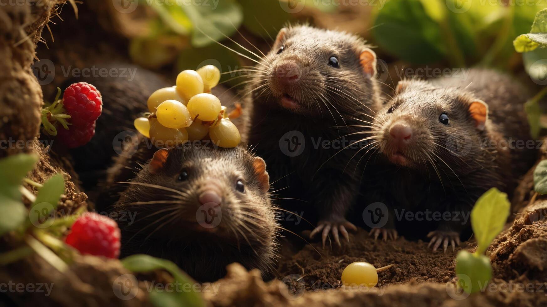 Three cute rodents with fruit in a natural setting. photo