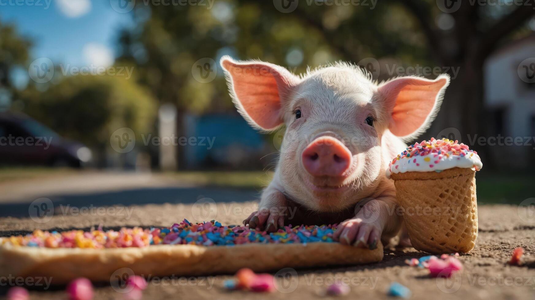 A cute piglet enjoying a treat with ice cream and sprinkles on a sunny day. photo