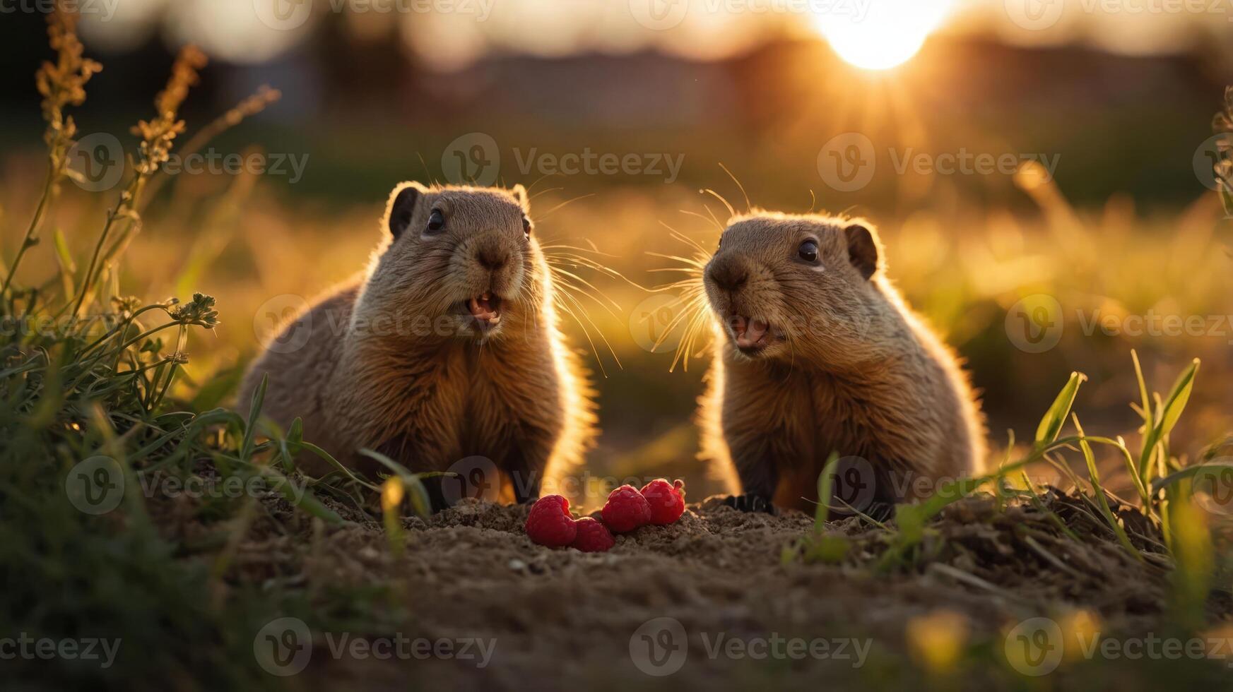 Two small animals enjoying raspberries in a sunlit field at sunset. photo