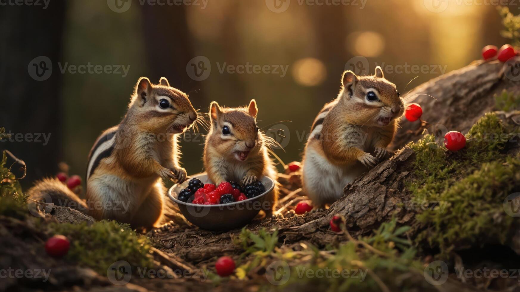 Three chipmunks enjoying berries in a forest setting. photo