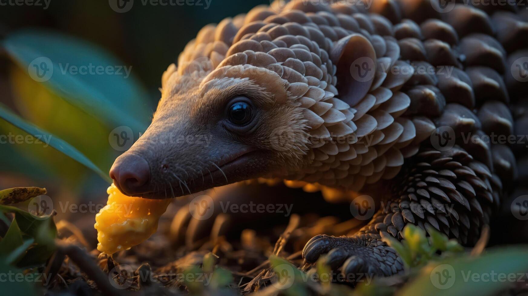 A close-up of a pangolin eating fruit in a natural setting. photo
