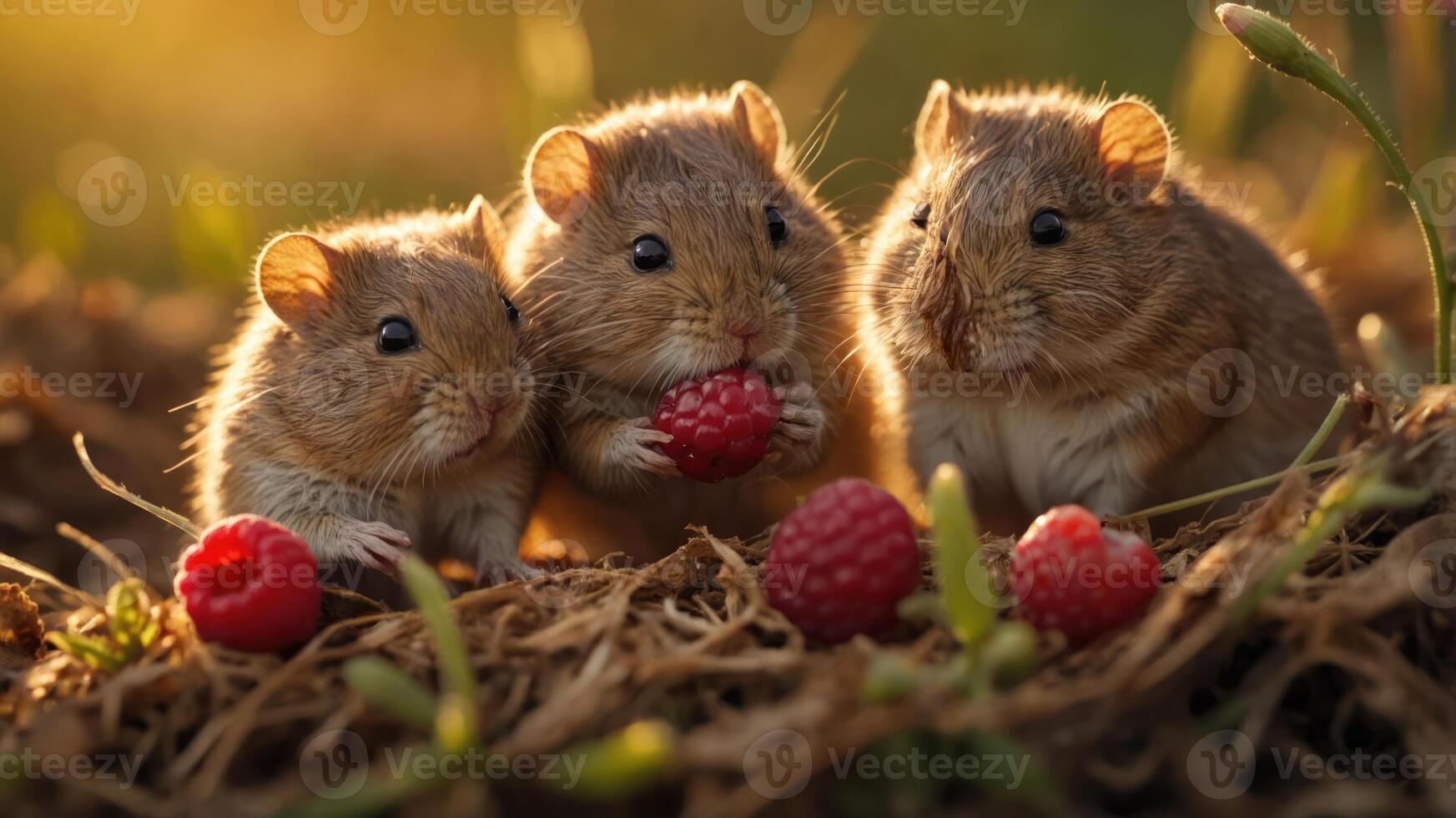Three adorable hamsters enjoying fresh raspberries in a natural setting. photo