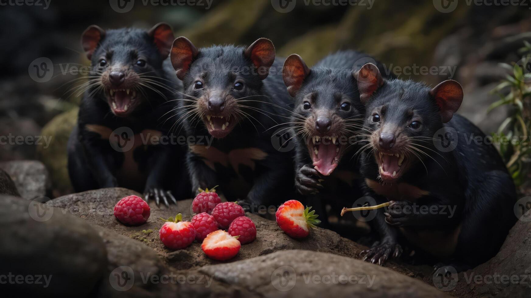 Four Tasmanian devils gather around berries, appearing playful and vocal in a natural setting. photo