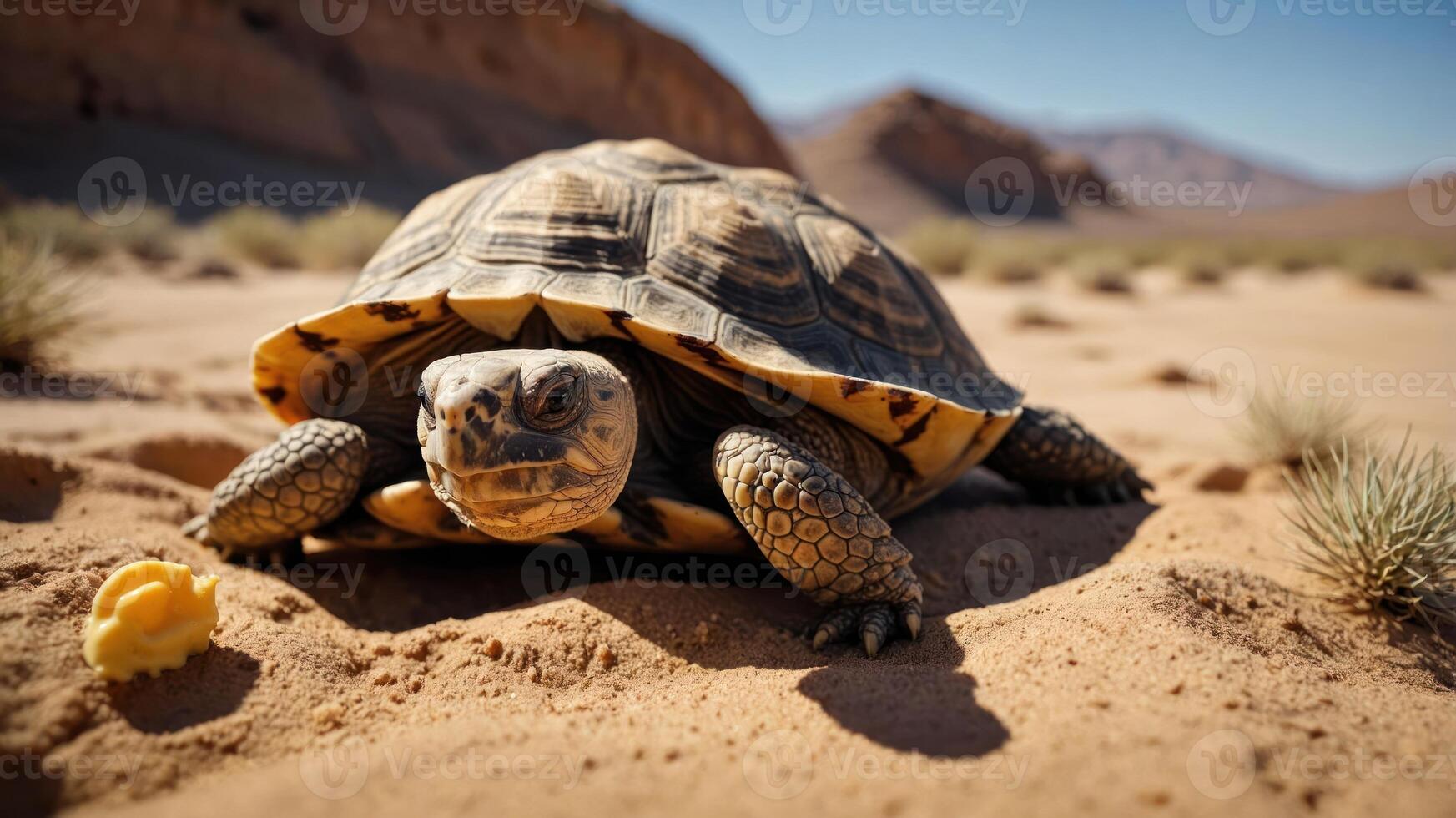 A tortoise on sandy terrain with sparse vegetation, basking under clear skies. photo