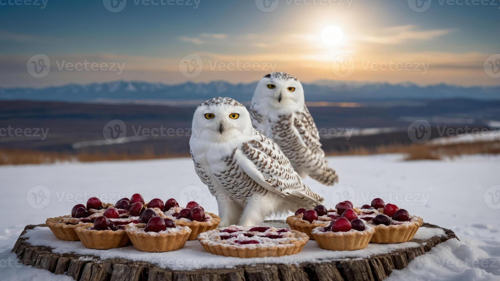 Two snowy owls perched on a log with fruit tarts against a sunset backdrop in a snowy landscape. photo