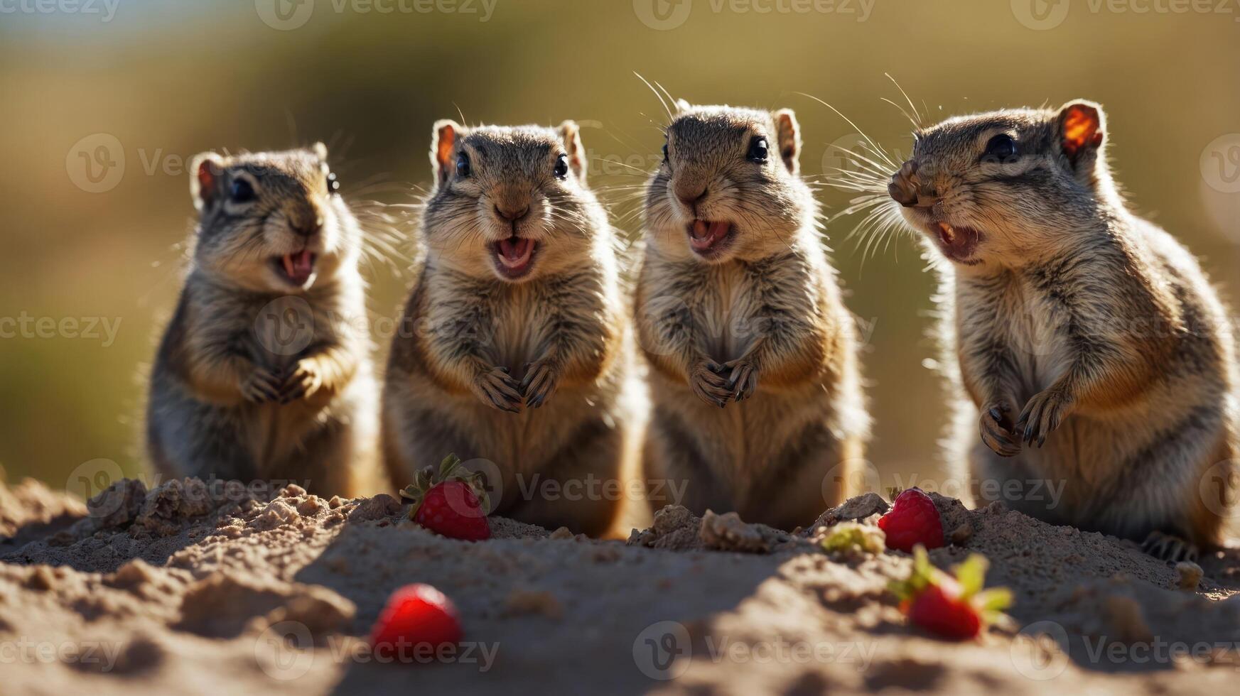 Four cheerful squirrels enjoying strawberries in a sunny outdoor setting. photo