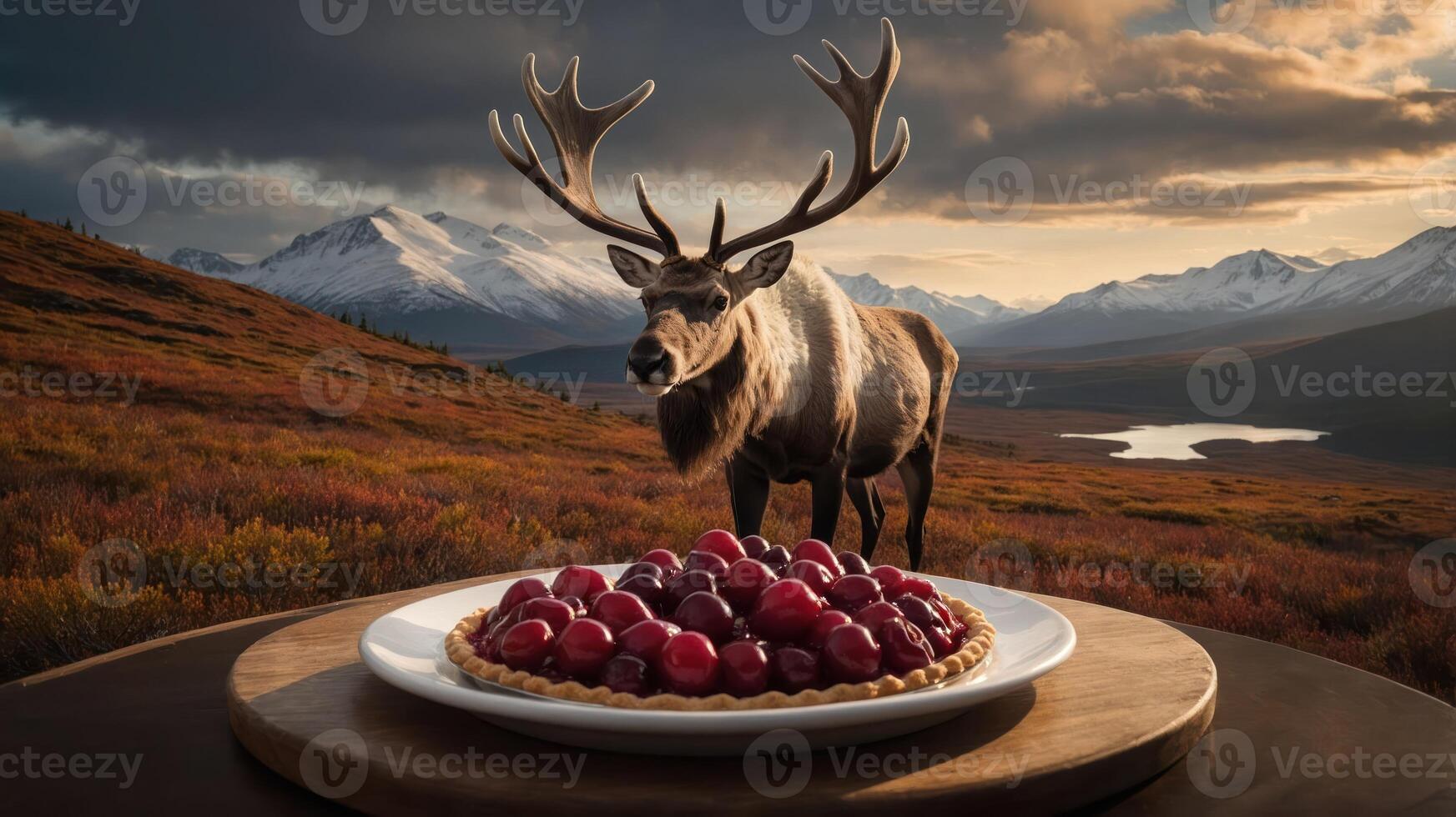 A reindeer stands near a cherry pie in a scenic mountainous landscape. photo
