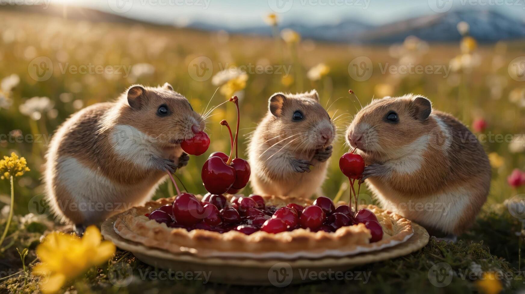 Three hamsters enjoying cherries on a pie in a vibrant field. photo