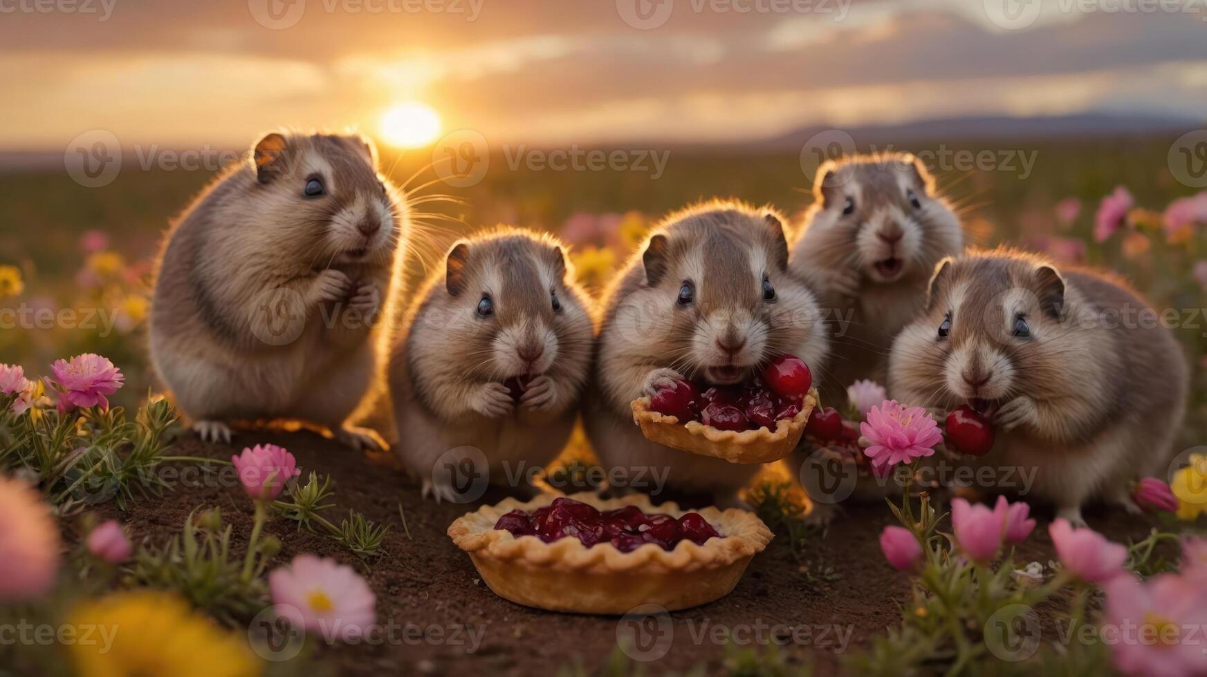 Five hamsters enjoying cherry pie in a vibrant flower field at sunset. photo