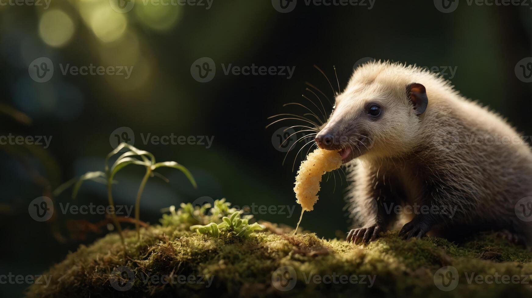 A small animal foraging for food in a lush, green forest setting. photo