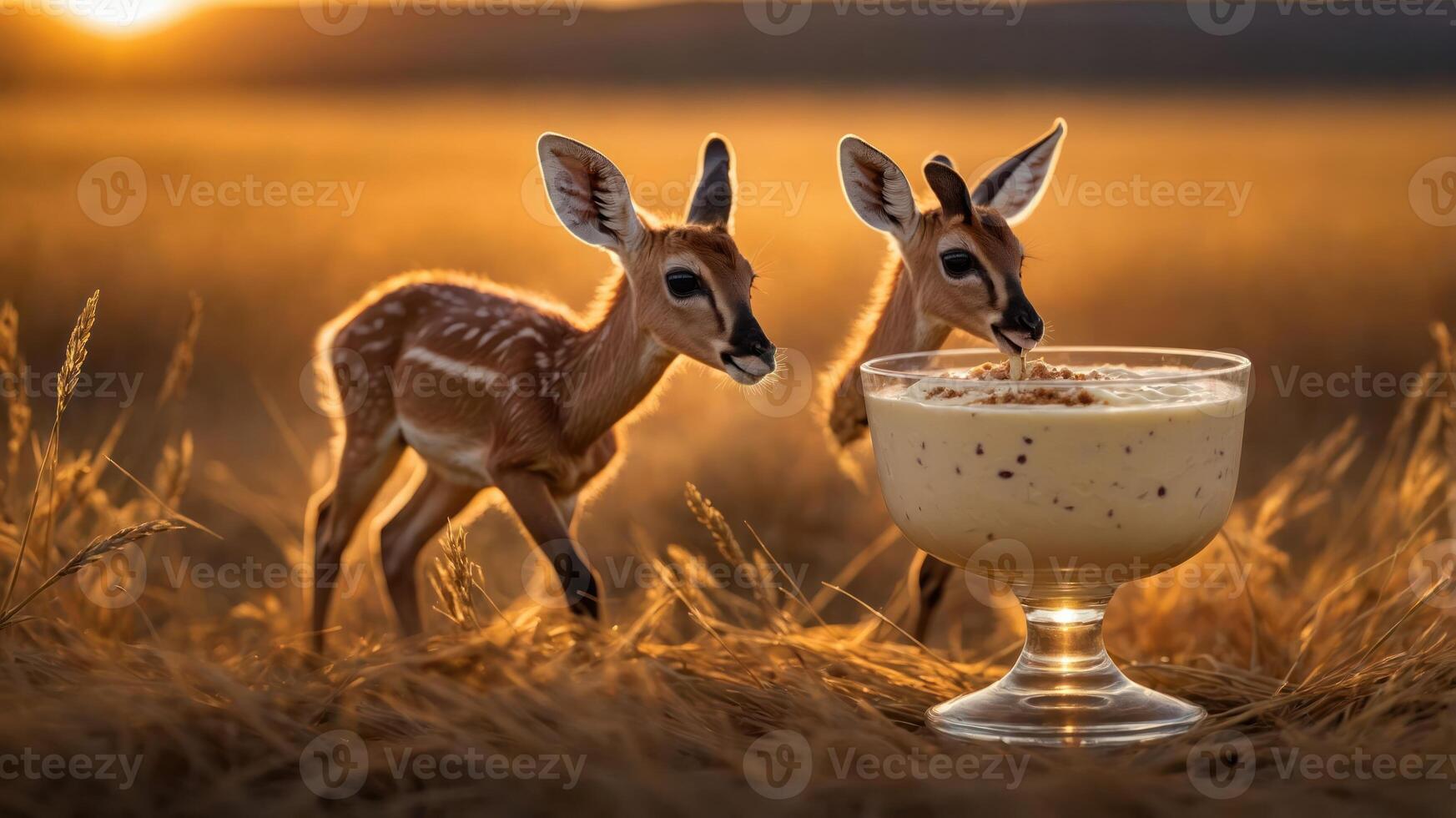 Two young antelopes curiously approach a dessert in a golden grassland at sunset. photo