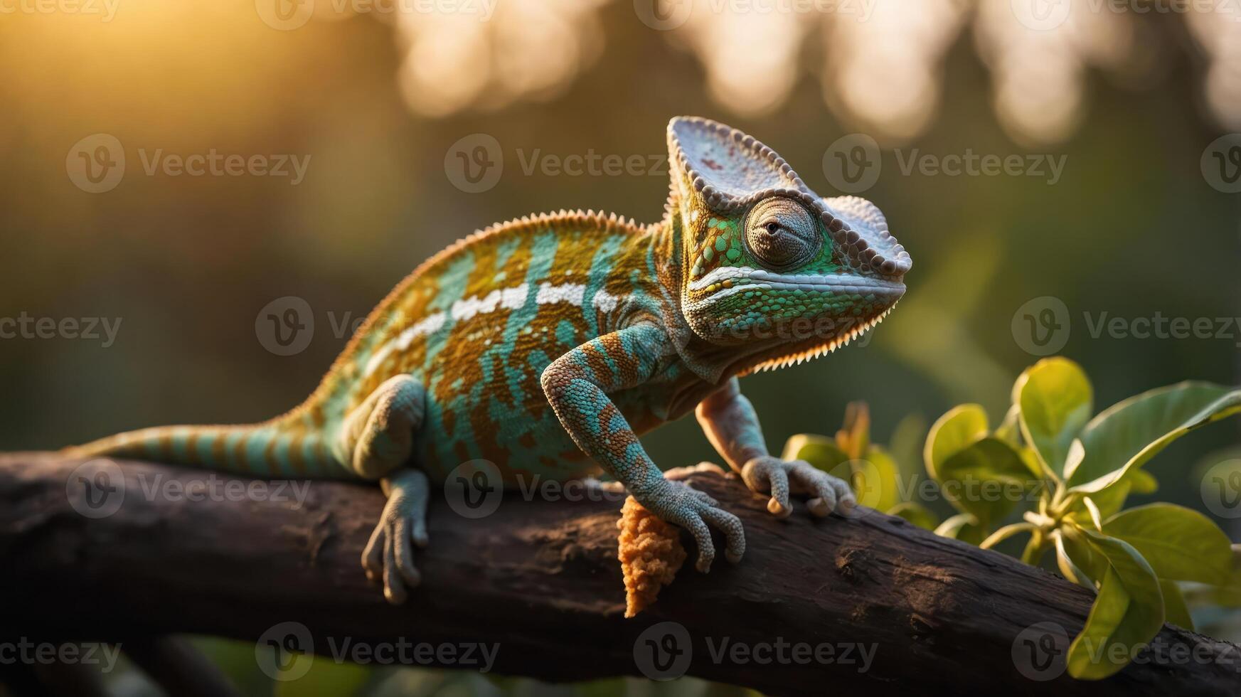 A vibrant chameleon perched on a branch, blending with its natural surroundings. photo
