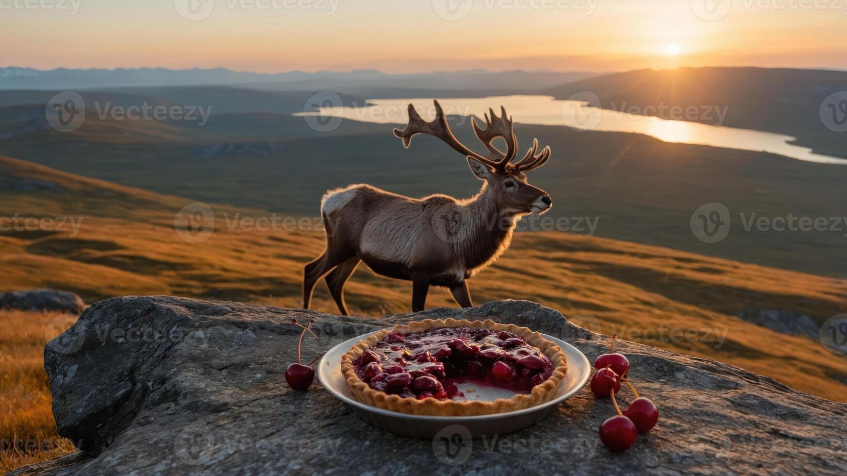 A reindeer stands beside a cherry pie on a rocky landscape during sunset. photo