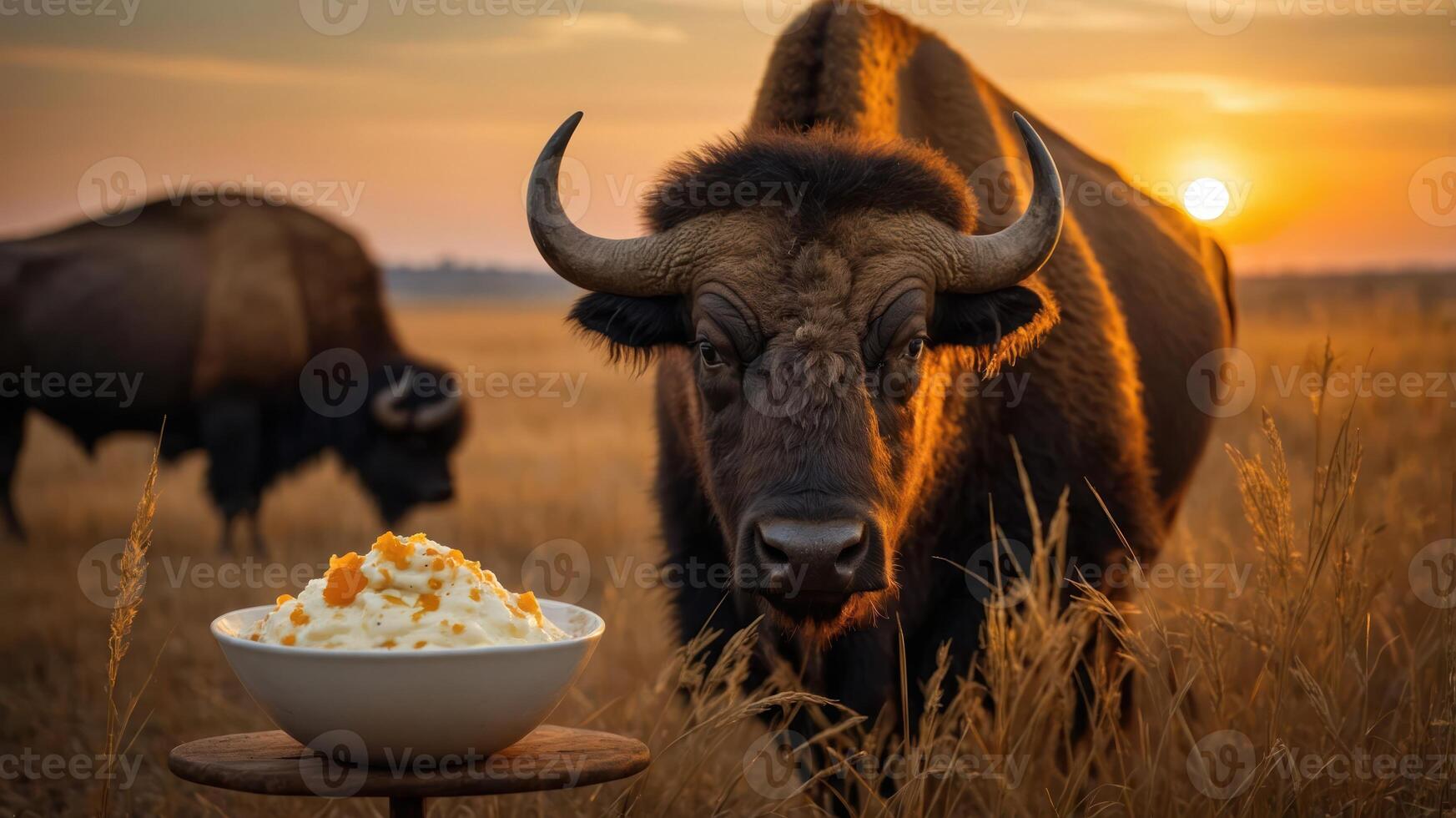 A buffalo stands near a bowl of mashed potatoes at sunset in a grassy field. photo