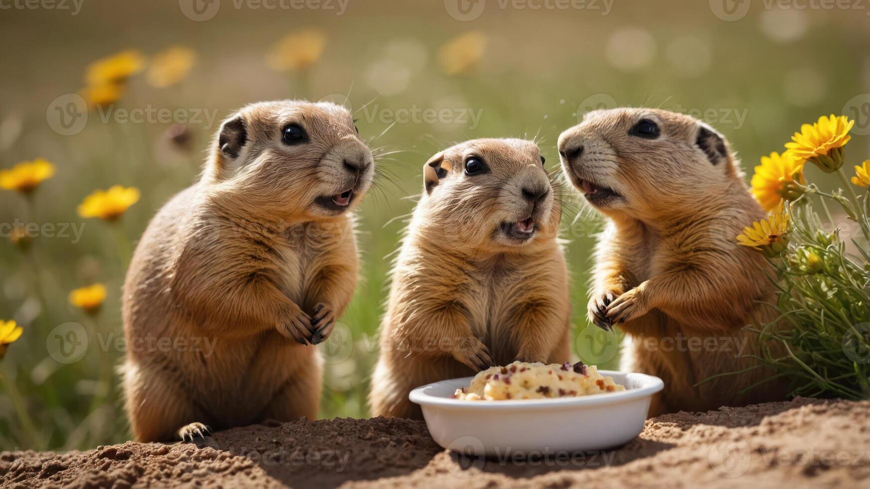 Three prairie dogs gathered around a bowl of food amidst flowers in a grassy field. photo