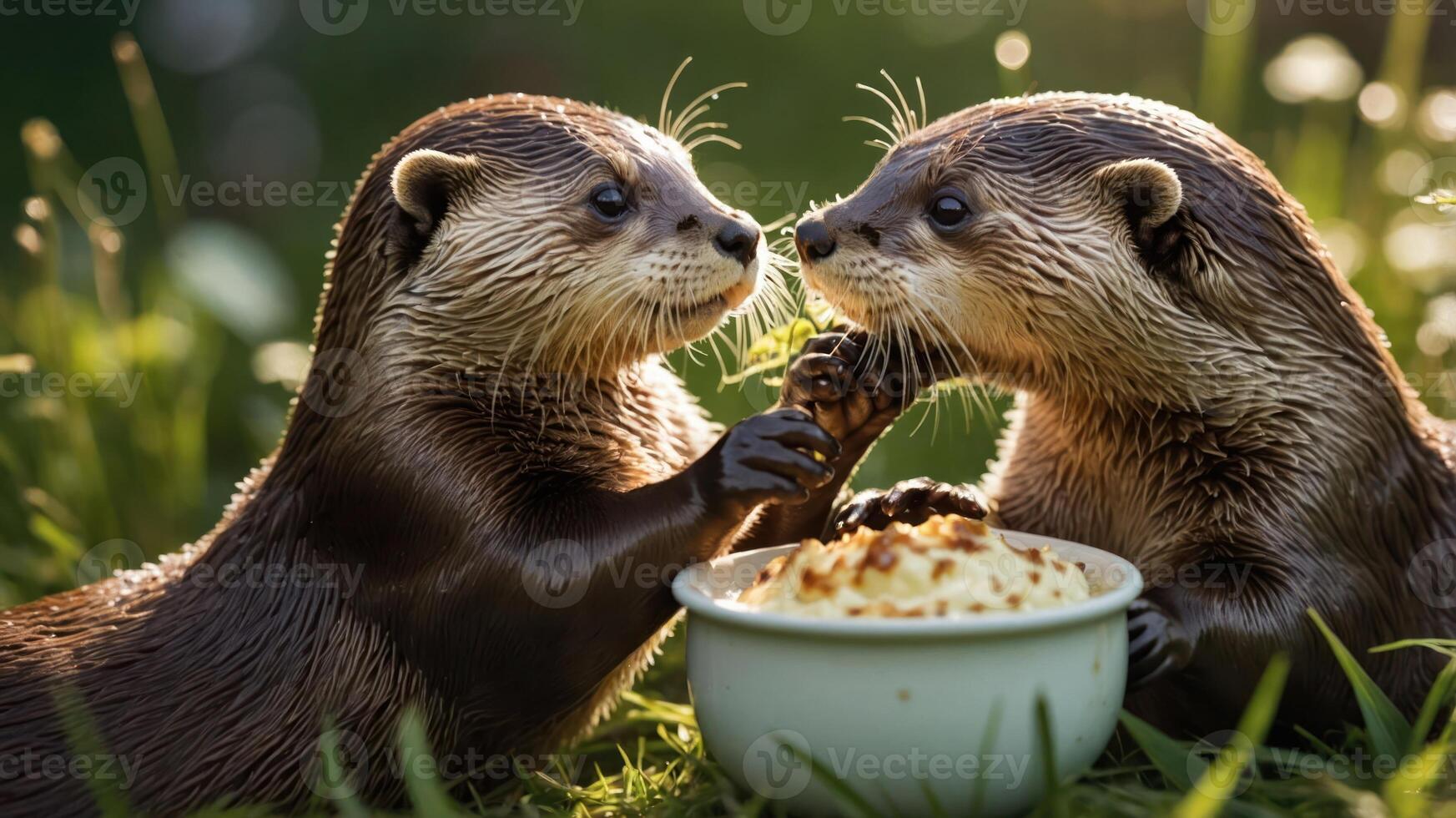 Two otters sharing food from a bowl in a grassy setting. photo