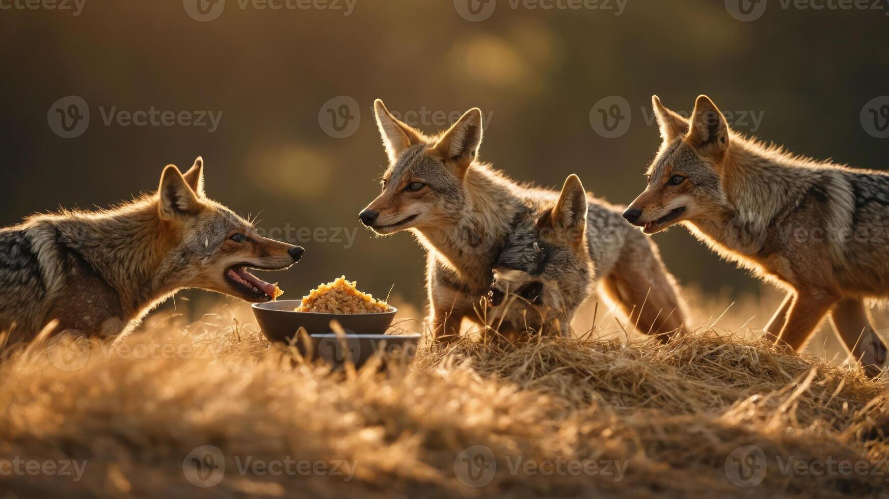 Four coyotes gathered around a bowl of food in a sunlit, grassy environment. photo