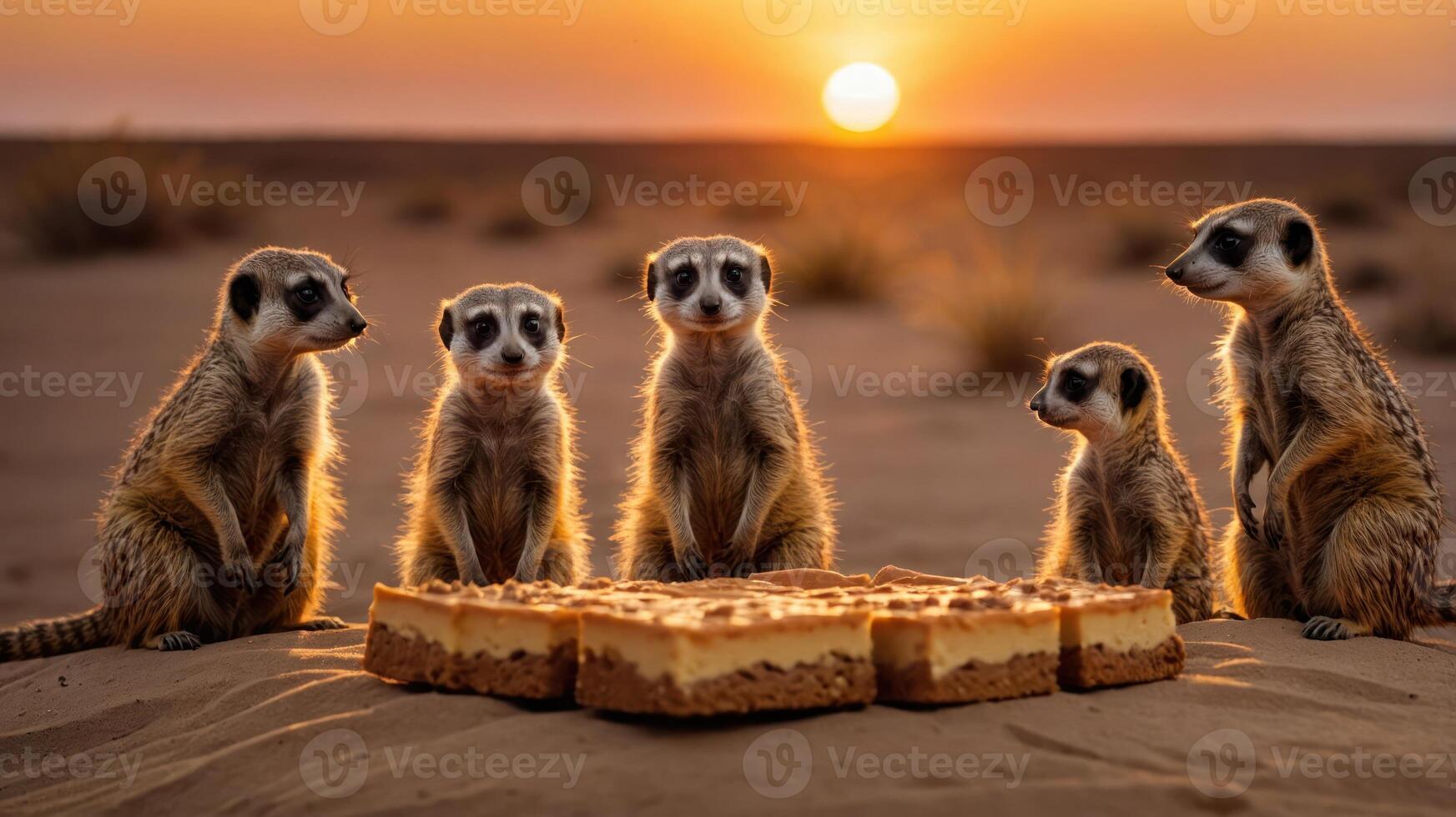 Five meerkats gather around a cheesecake at sunset in a desert setting. photo