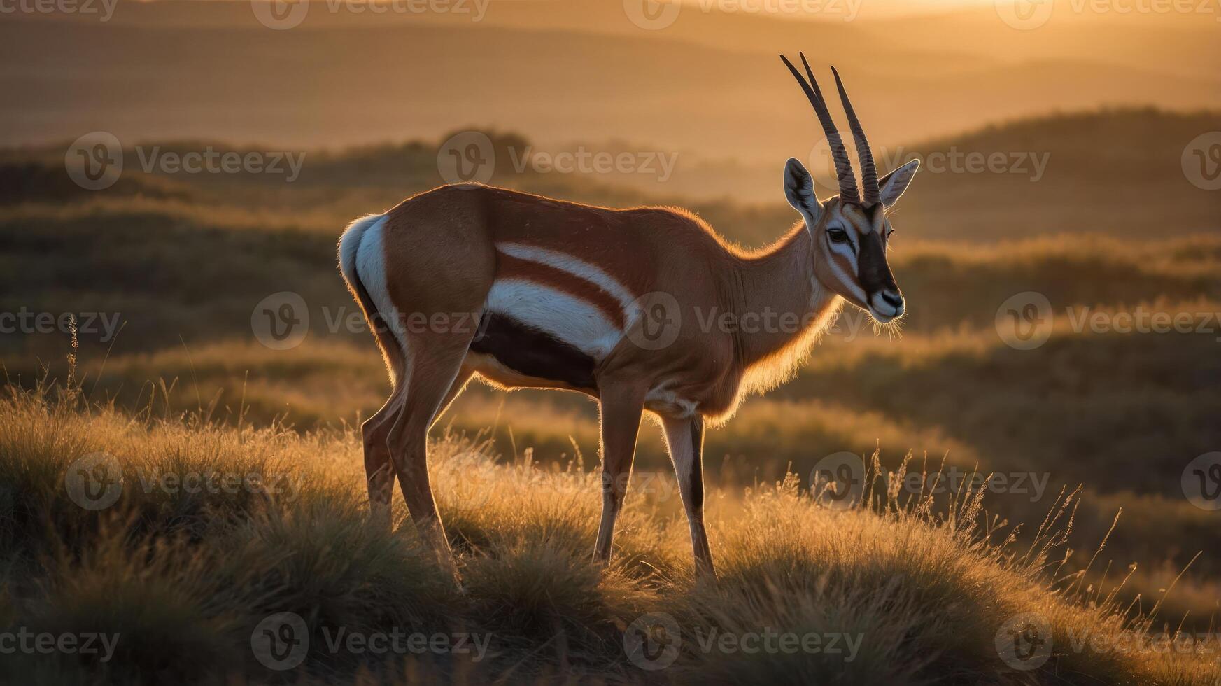 A graceful antelope stands on a hill during sunset, showcasing its elegant features and surroundings. photo