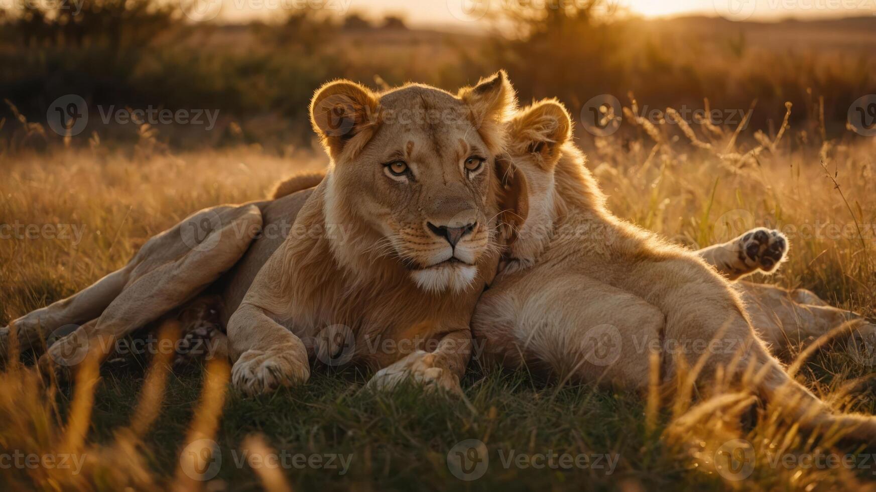Two lions resting together in a golden sunset on a grassy landscape. photo