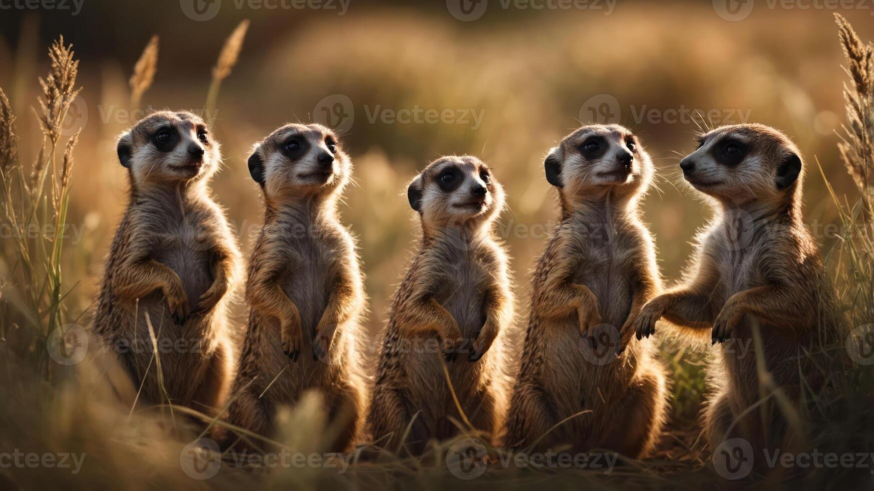 A group of five meerkats standing upright in a grassy landscape during golden hour. photo