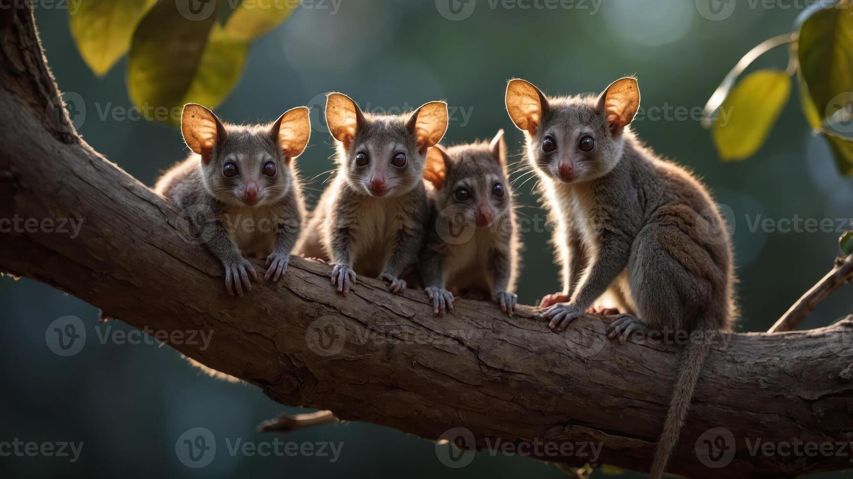 Four small animals sitting on a branch, illuminated by soft light in a natural setting. photo
