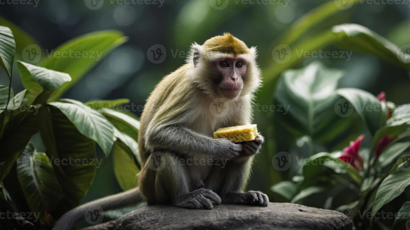 A monkey sitting on a rock, enjoying a piece of food amidst lush greenery. photo