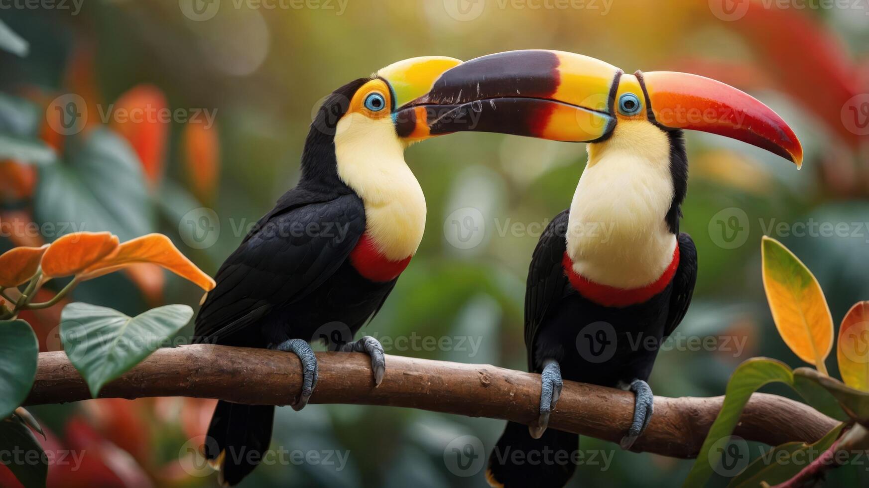 Two colorful toucans perched on a branch amidst vibrant foliage. photo