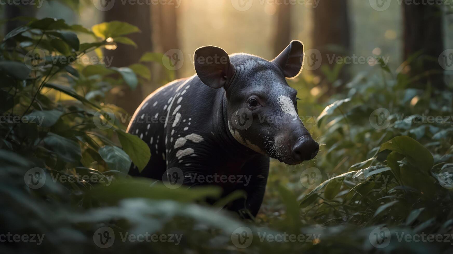 A tapir stands in a lush forest, illuminated by soft sunlight filtering through trees. photo