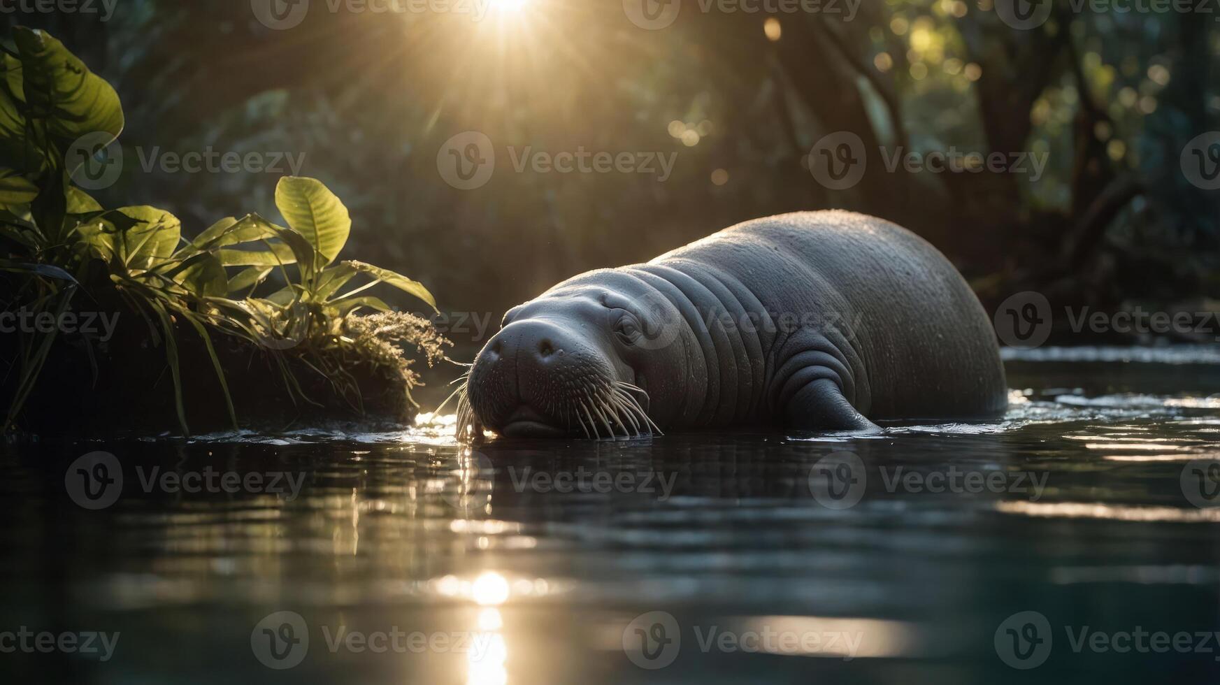 A serene scene of a marine mammal swimming in a tranquil waterway at sunset. photo